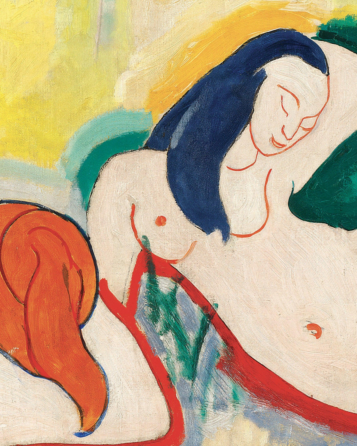 Detail van een schilderij van Henri Matisse: een liggend naakt met donkerblauw haar tegen geel, groen en rood
