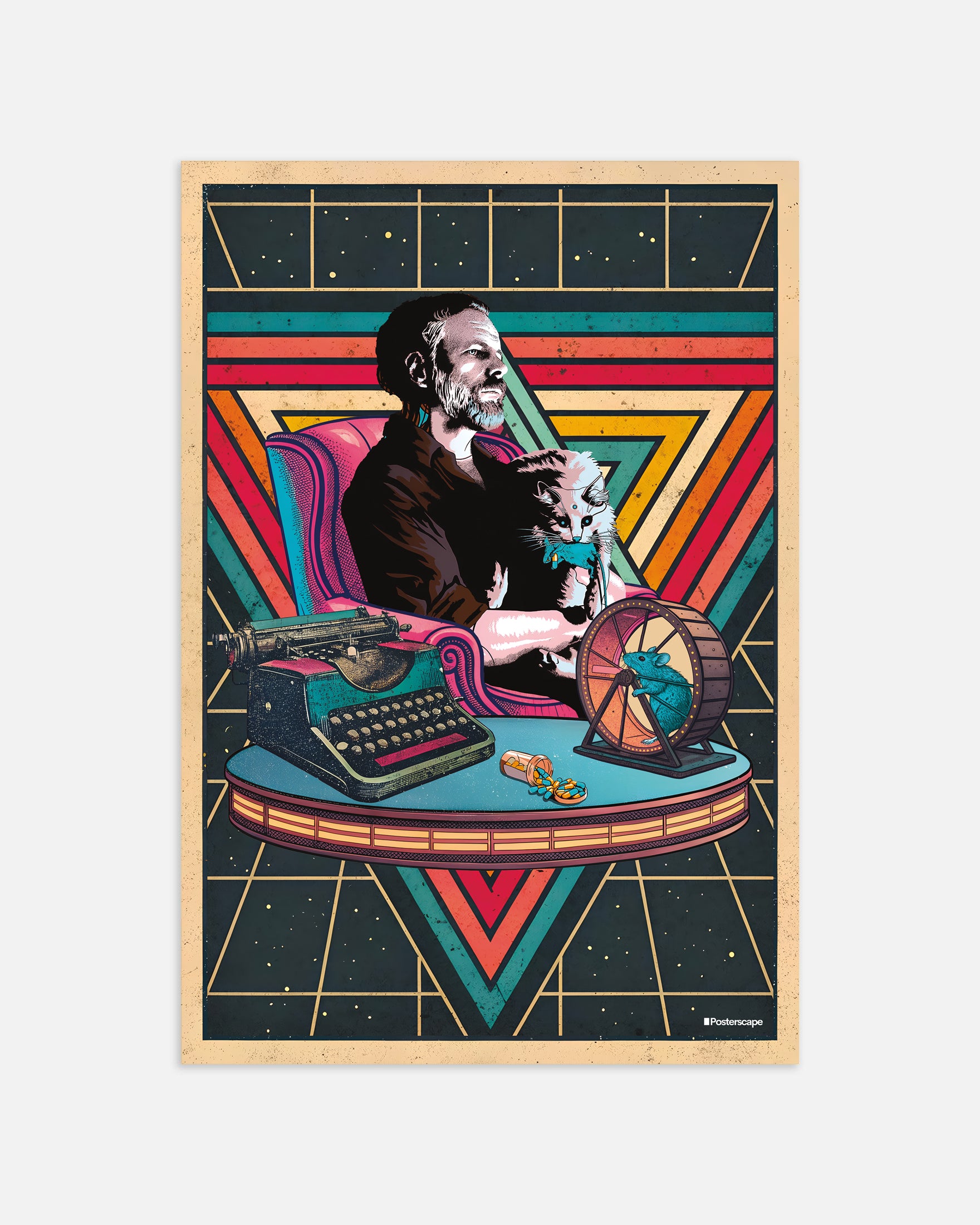 Colorful poster of the writer Philip K. Dick with a cat at a typewriter against a geometric background