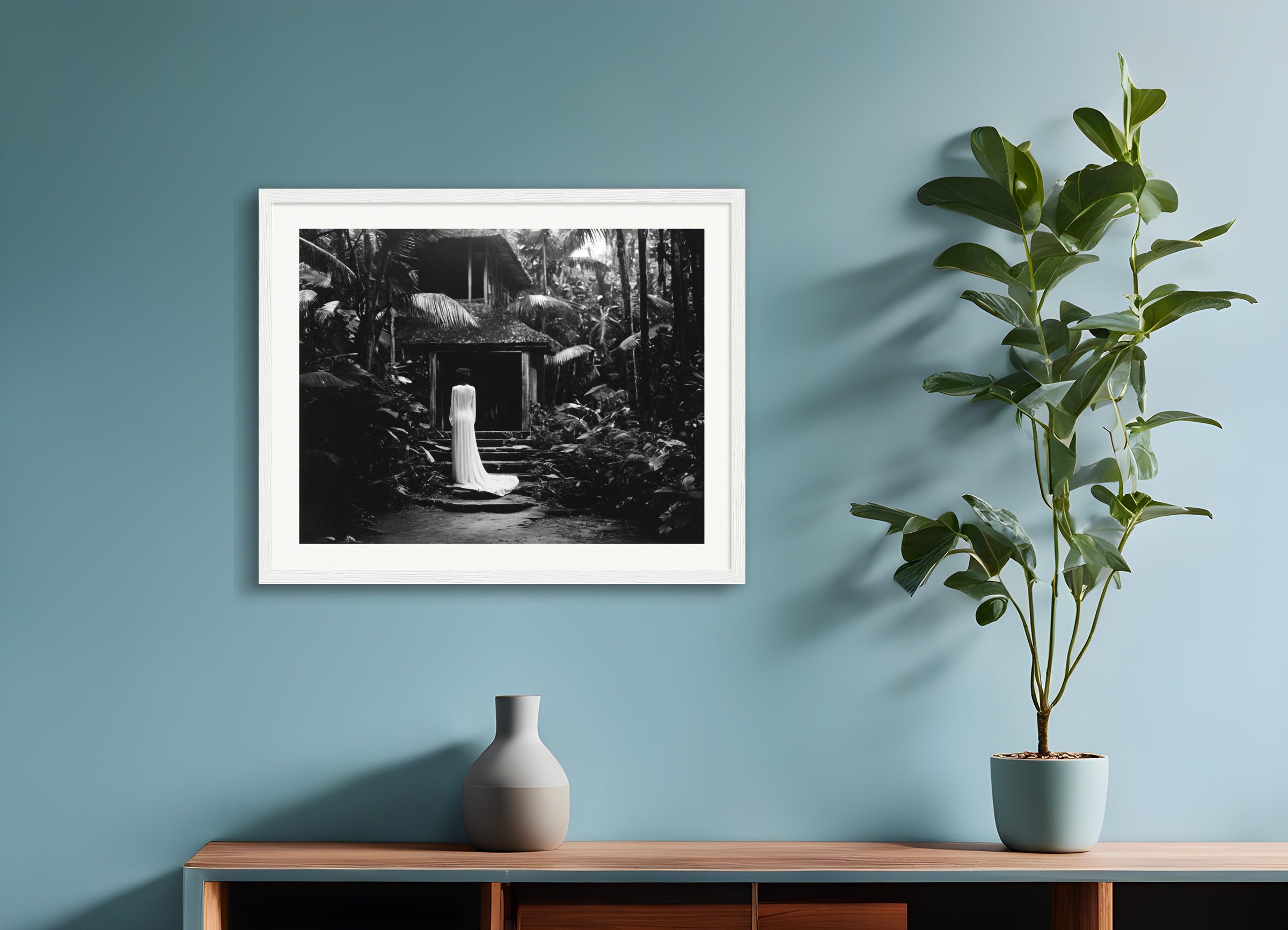 Poster with wood frame: XXth century american pictorialist and romantic photography of the 20th century, black and white,