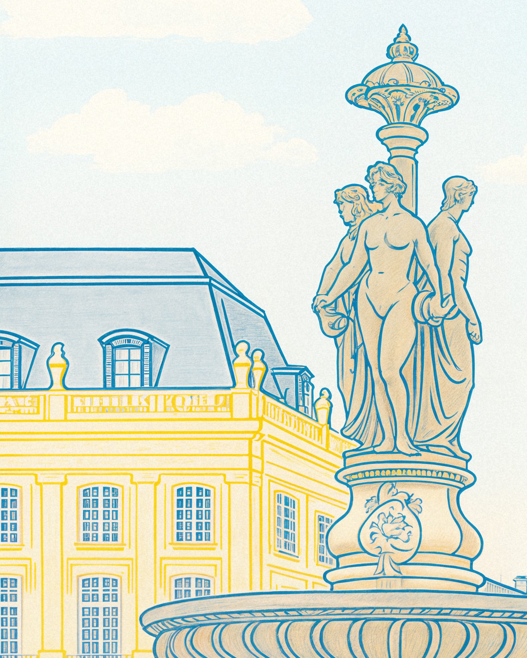 Bordeaux Poster – Place de la Bourse & Fontein Kunstprint in Zachte Pasteltinten