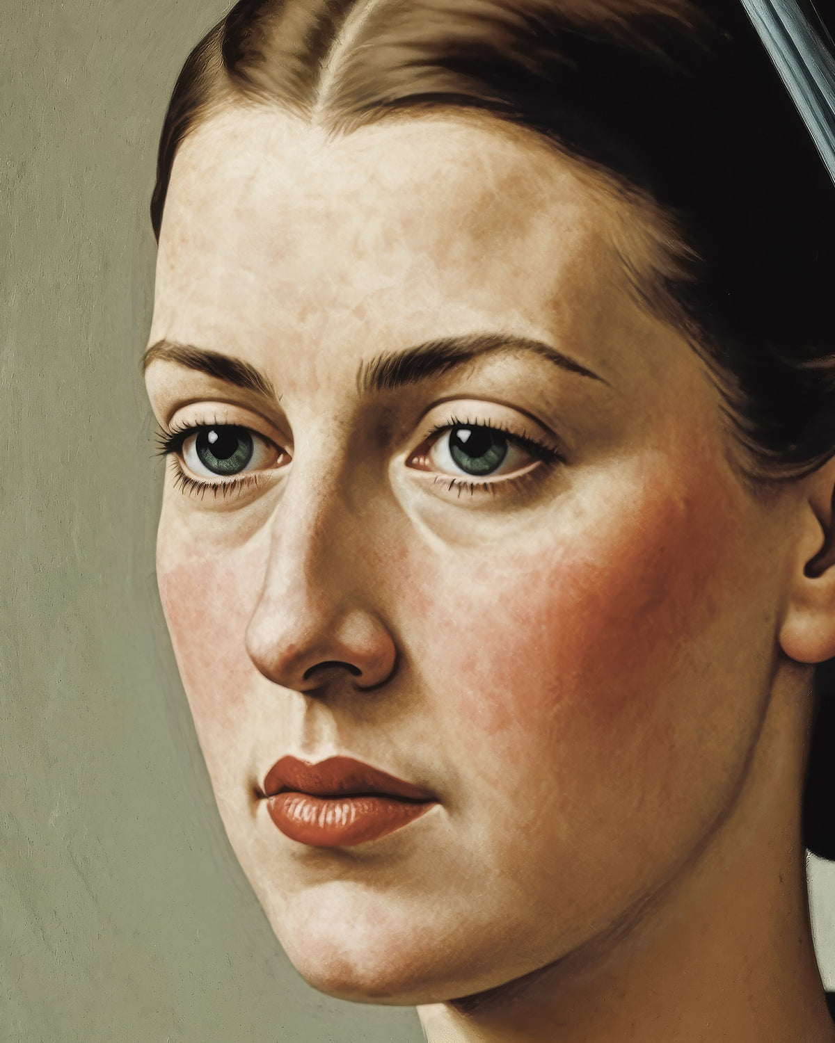 Close-up portret van een jonge vrouw met blauwe ogen die wegkijkt