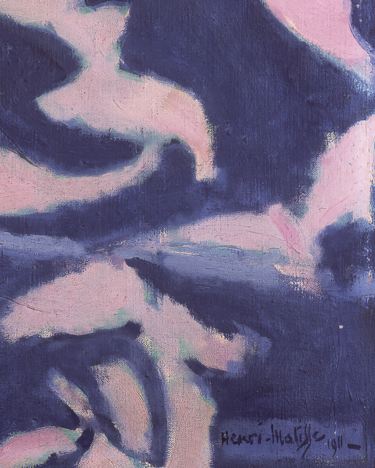 Schilderij van Henri Matisse uit 1911, met expressieve penseelstreken in diep marineblauw en zachtroze. Rechtsonder staan de handtekening van de kunstenaar en het jaartal ‘1911’.