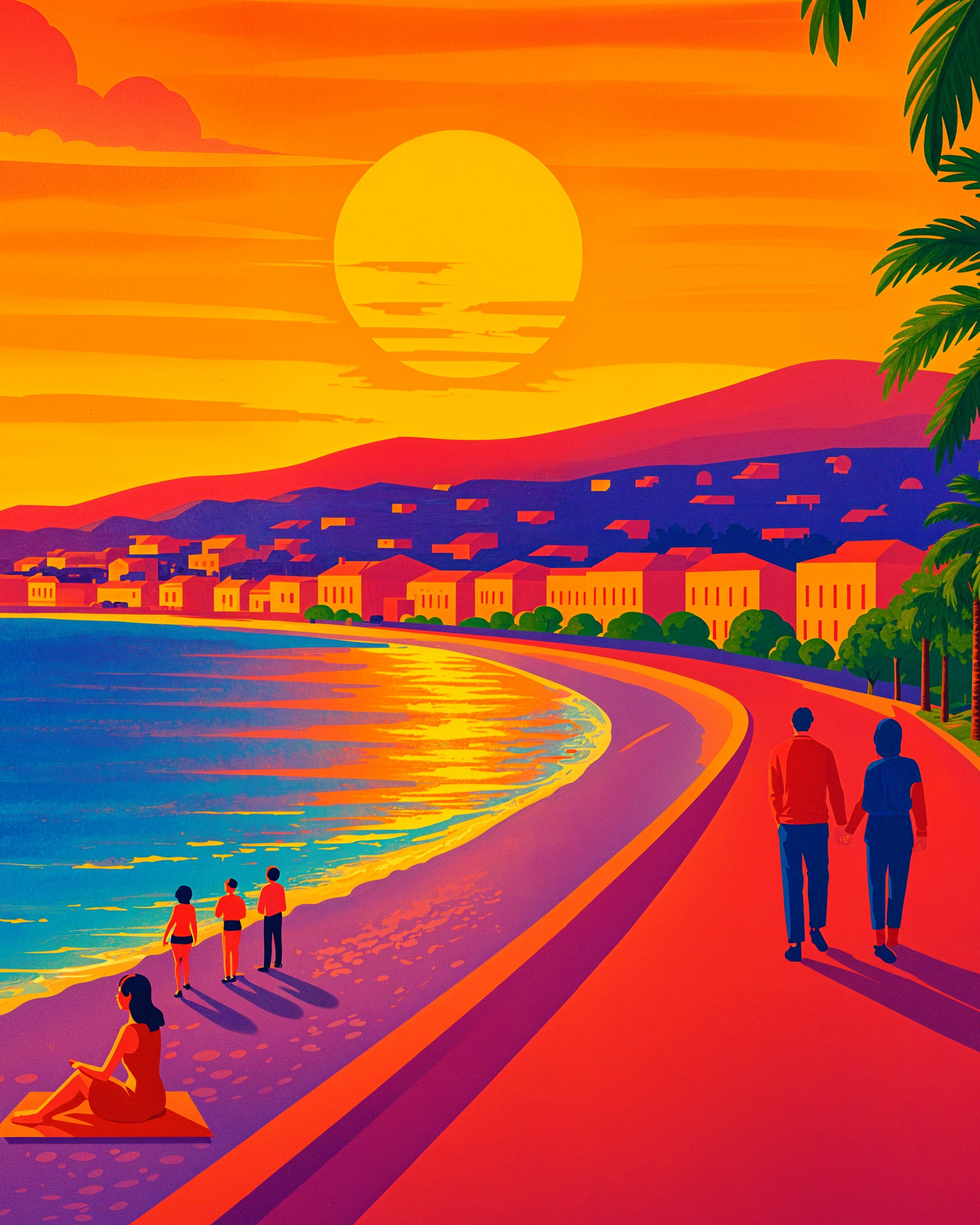 Zonsondergang Wandeling in Nice, Frankrijk – Promenade des Anglais Poster