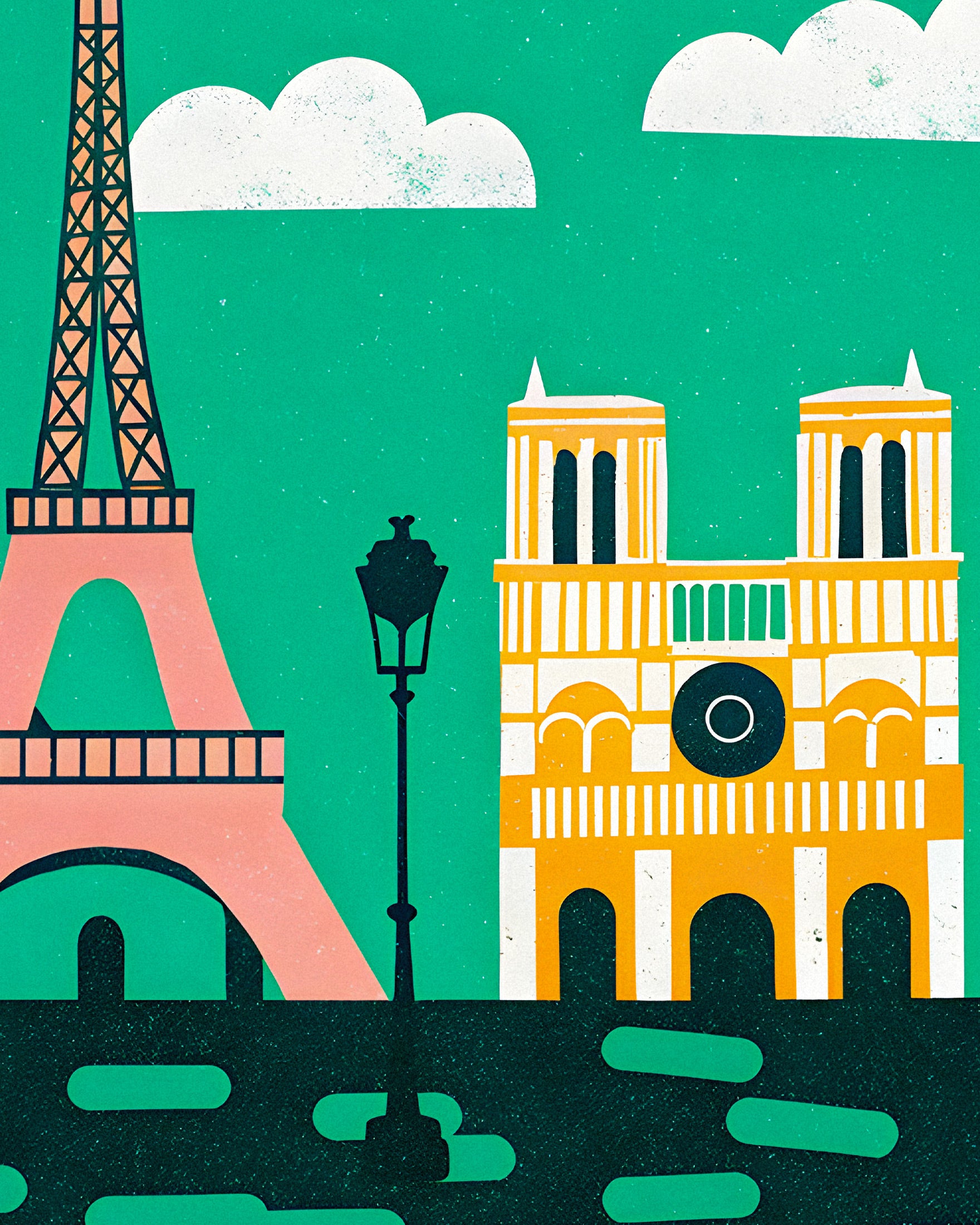 Grafische Moderne Illustratie van de Eiffeltoren & Notre-Dame - Parijs Poster