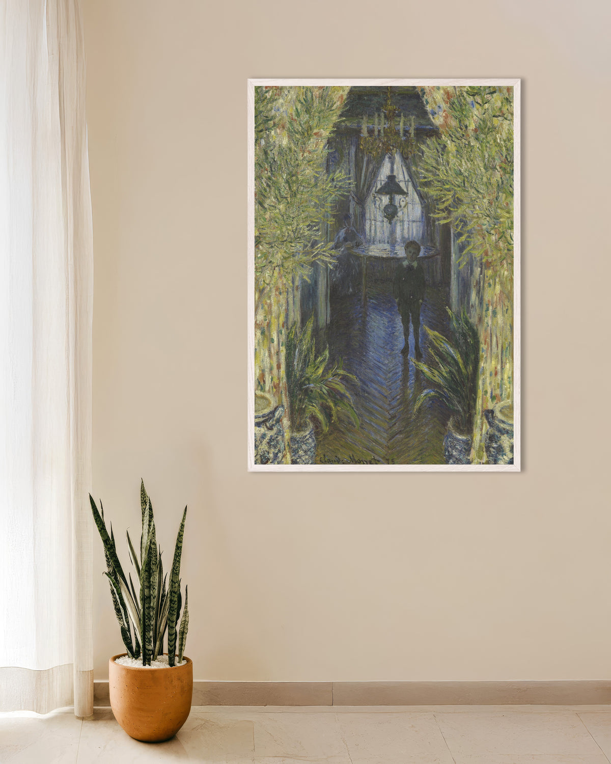 Poster Een hoek van het appartement (1875) van Claude Monet met witte houten lijst