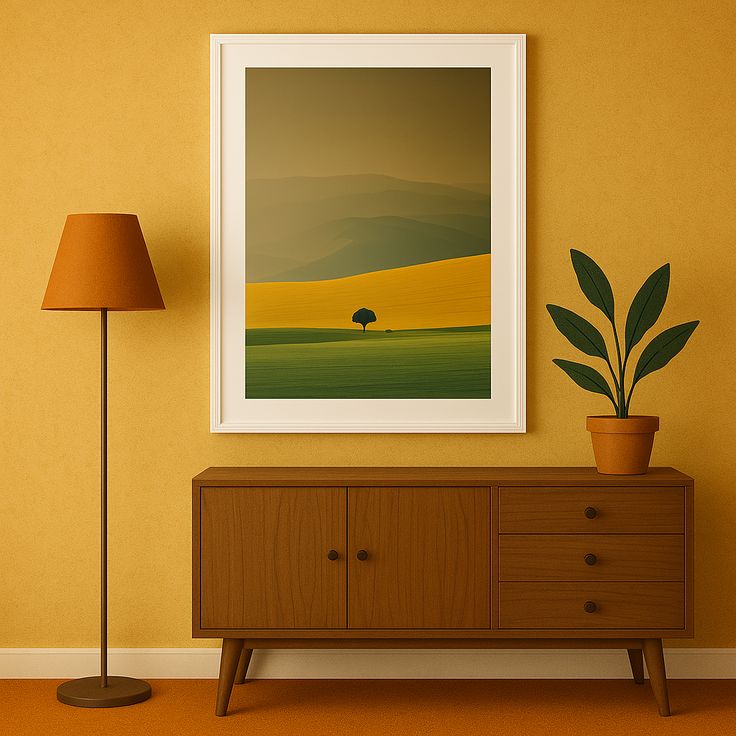 Kleurrijke en abstracte afbeeldingen, waarbij geometrische composities in landschappen worden vastgelegd - Poster