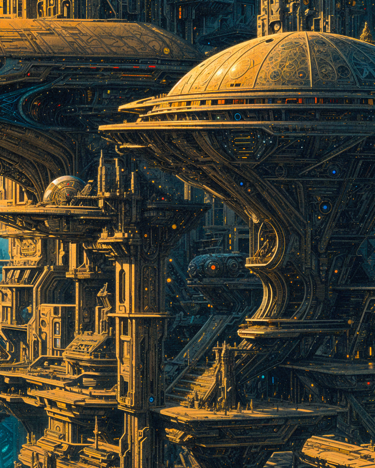 Gedetailleerd sciencefictiontafereel met sierlijke koepels, hoge bouwwerken en ingewikkelde mechanische details in warme goud- en bruintinten, met kleine blauw oplichtende accenten.