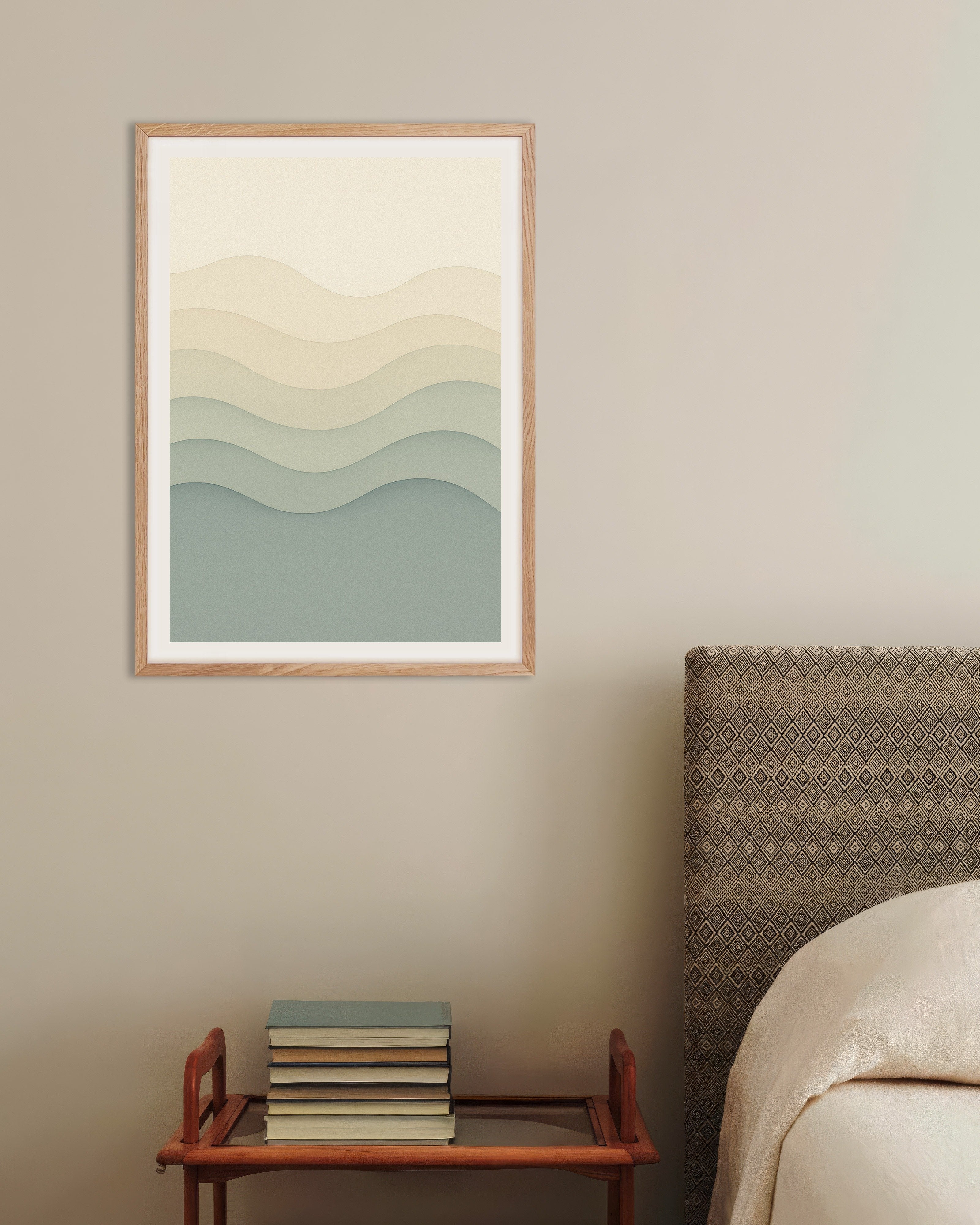 Poster of Beige and blue abstract waves print, with natural wooden frame