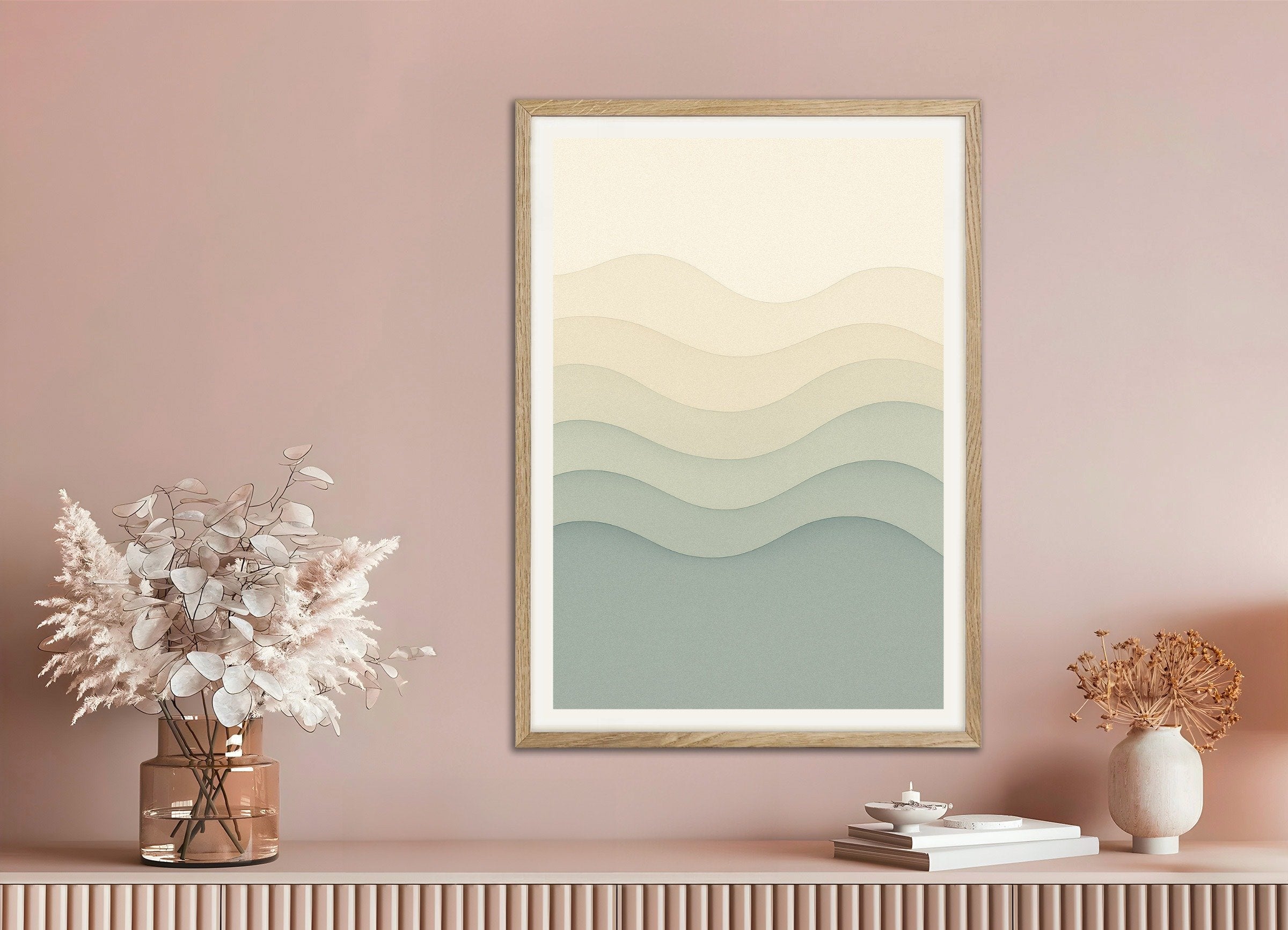 Poster of Beige and blue abstract waves print, with natural wooden frame