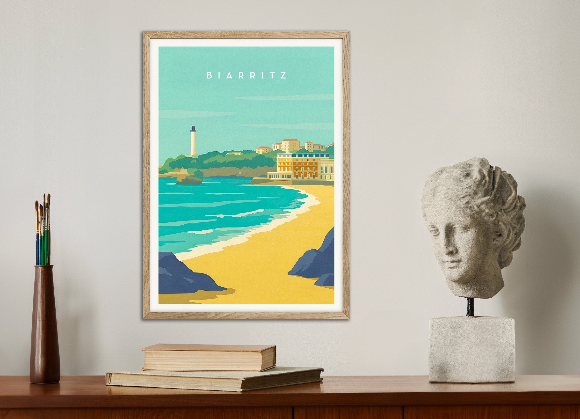 Poster of Biarritz Travel Poster - French Basque Coast, with natural wooden frame