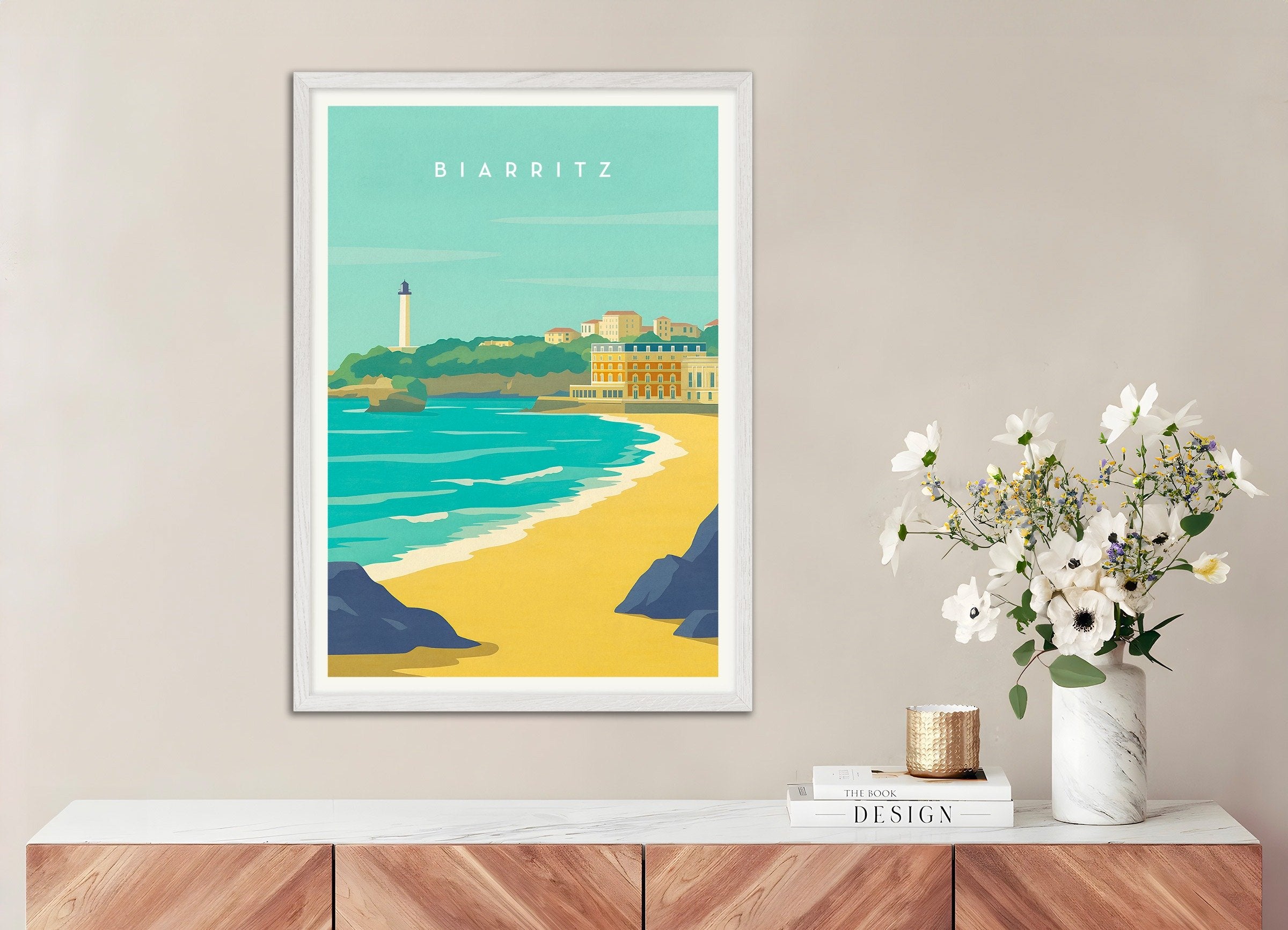 Poster of Biarritz Travel Poster - French Basque Coast, with white wooden frame