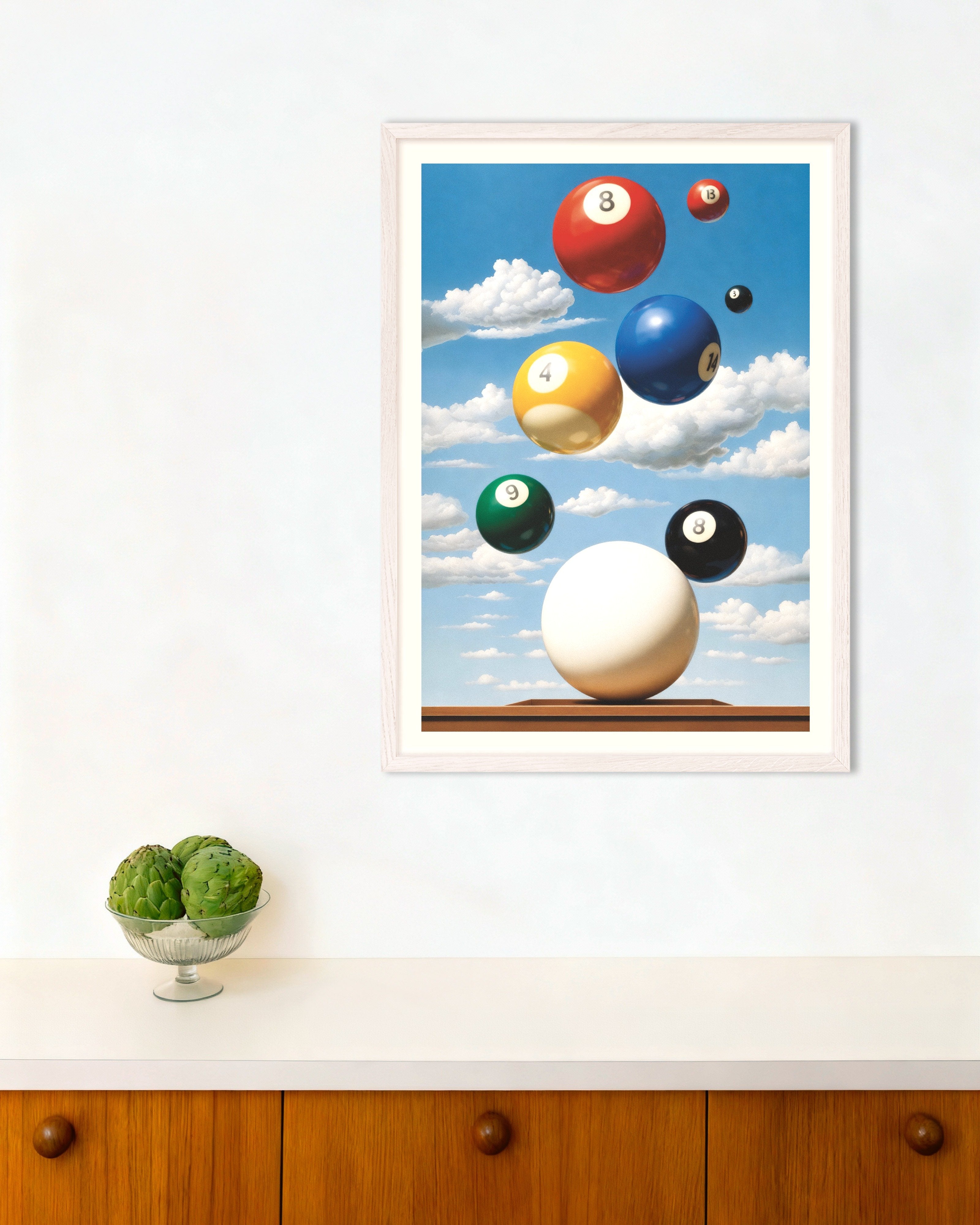 Poster of Billiard poster – Surreal sports art print, with white wooden frame