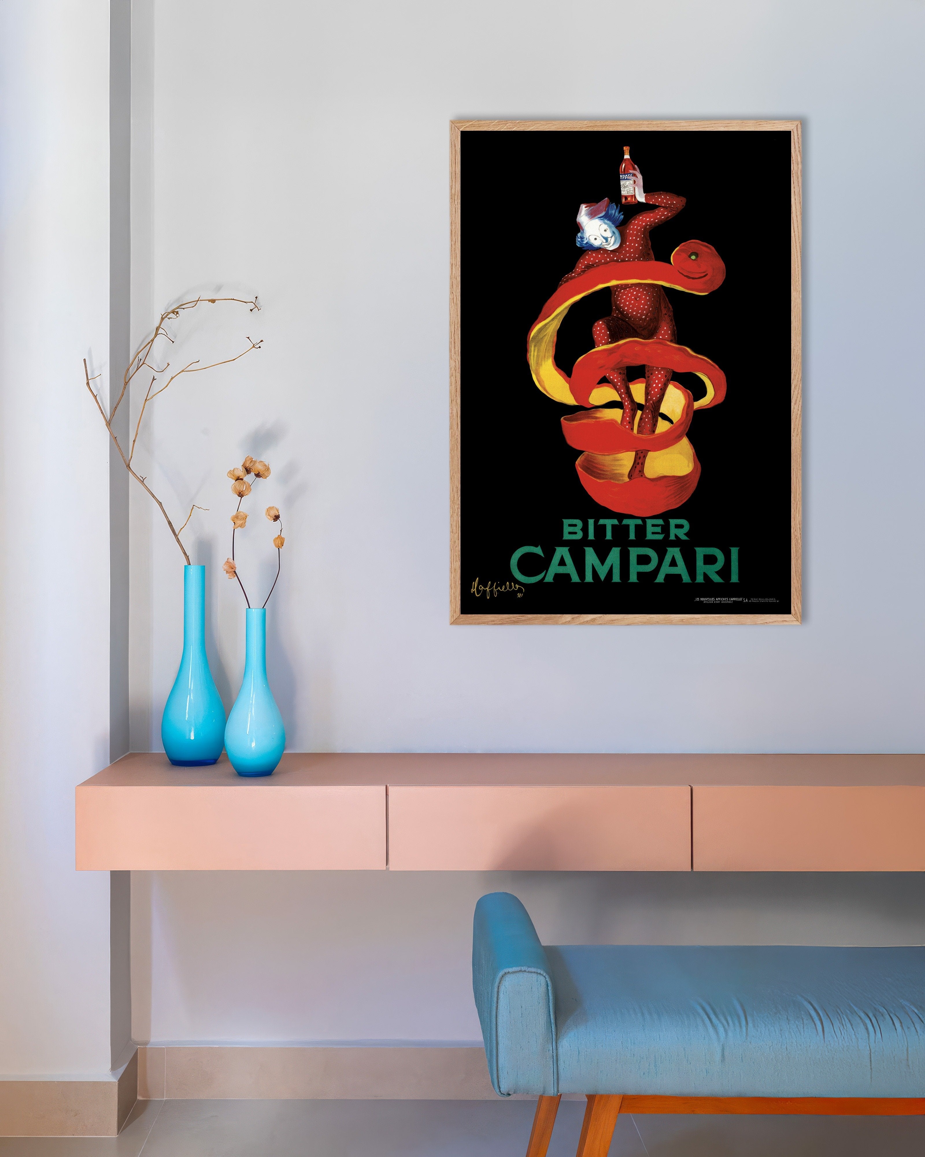 Poster of Bitter Campari by Cappiello, with natural wooden frame