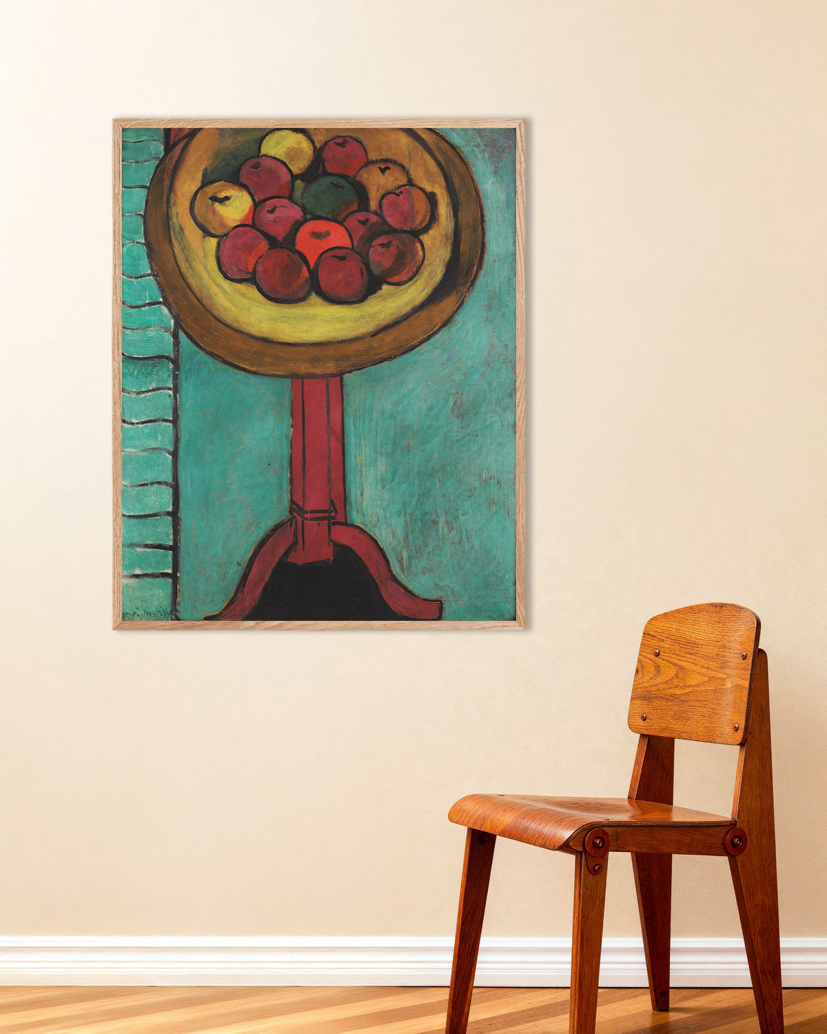 Poster van Schaal met appels op een tafel (1916) van Henri Matisse, met naturel houten lijst