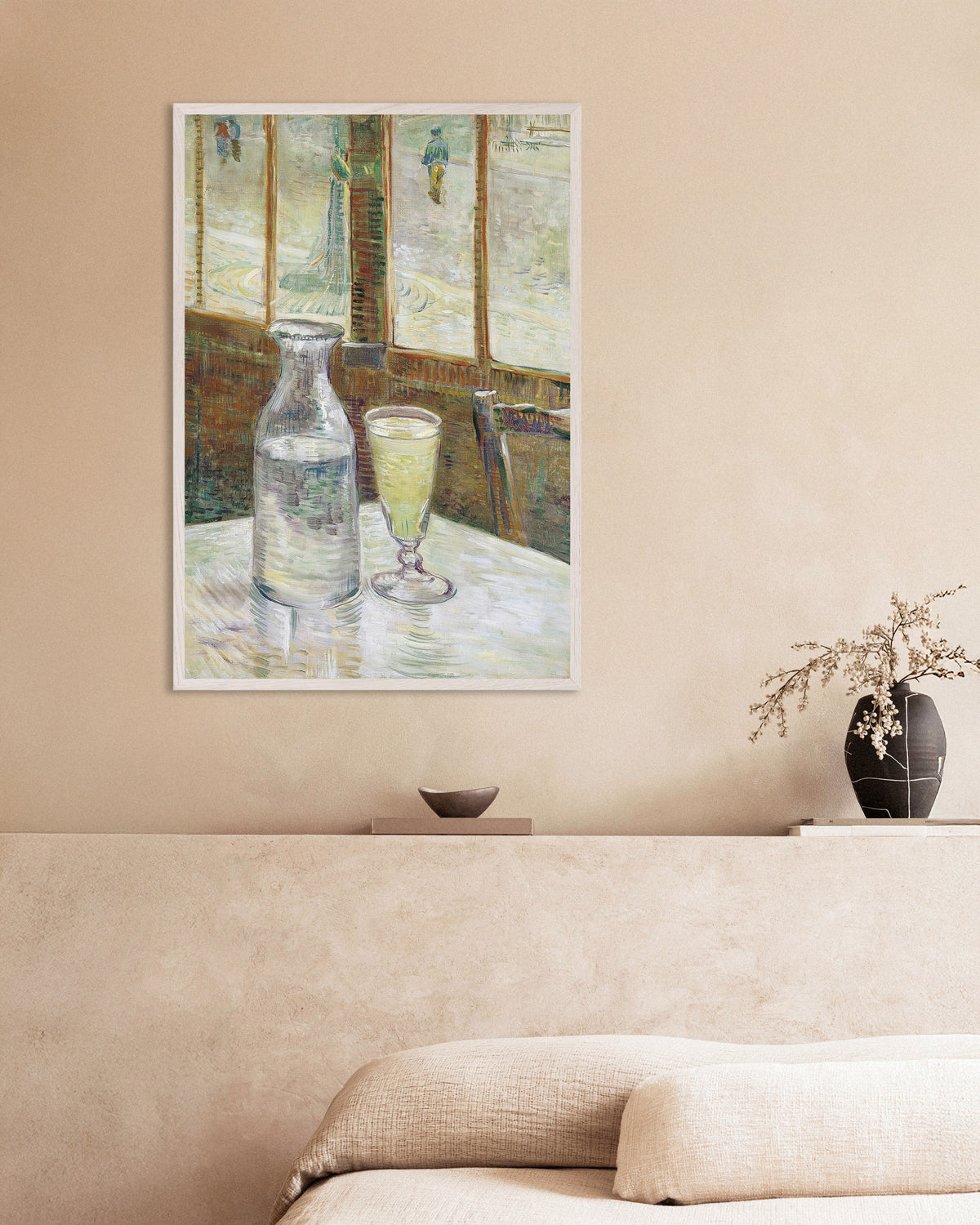 Poster van Cafétafel met absint (1887) van Vincent van Gogh, met witte houten lijst