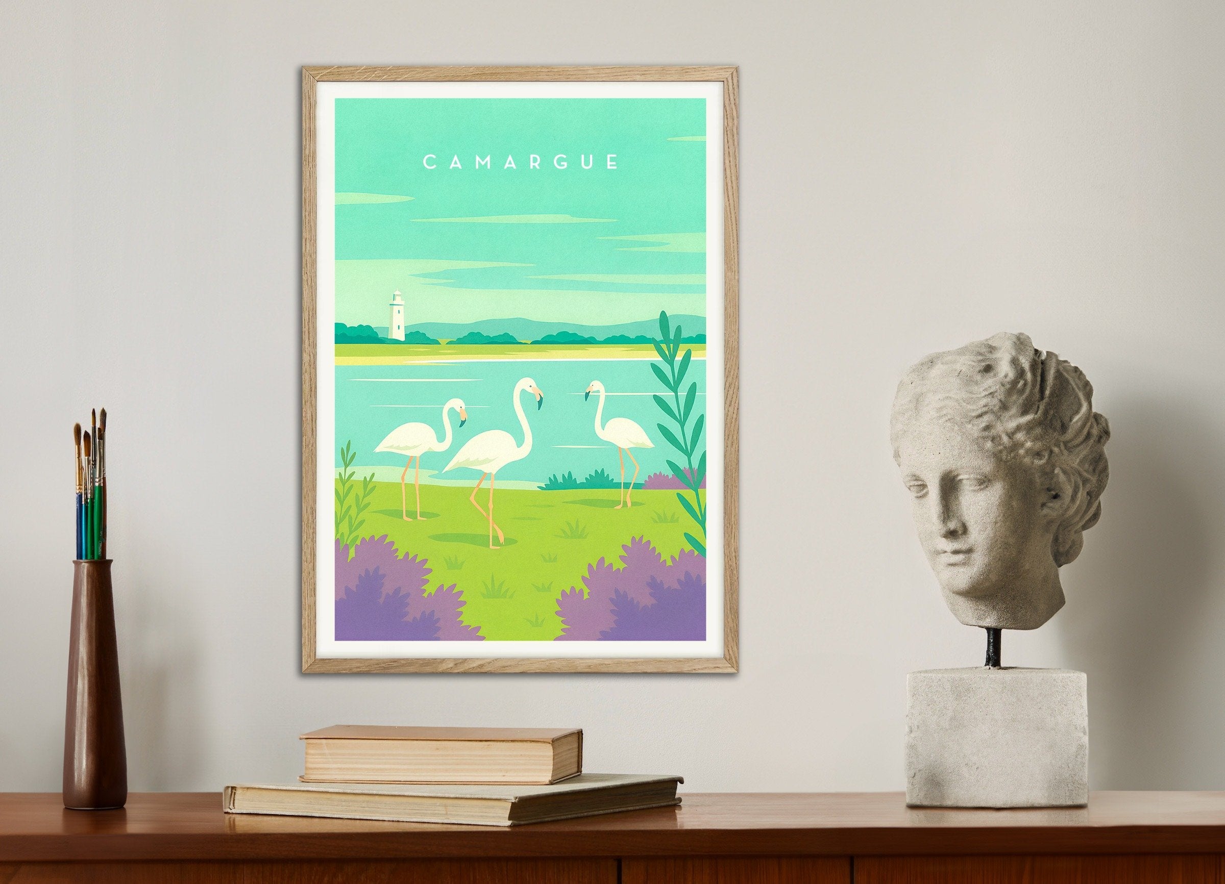 Poster of Camargue Travel Poster - French Wetlands, with natural wooden frame