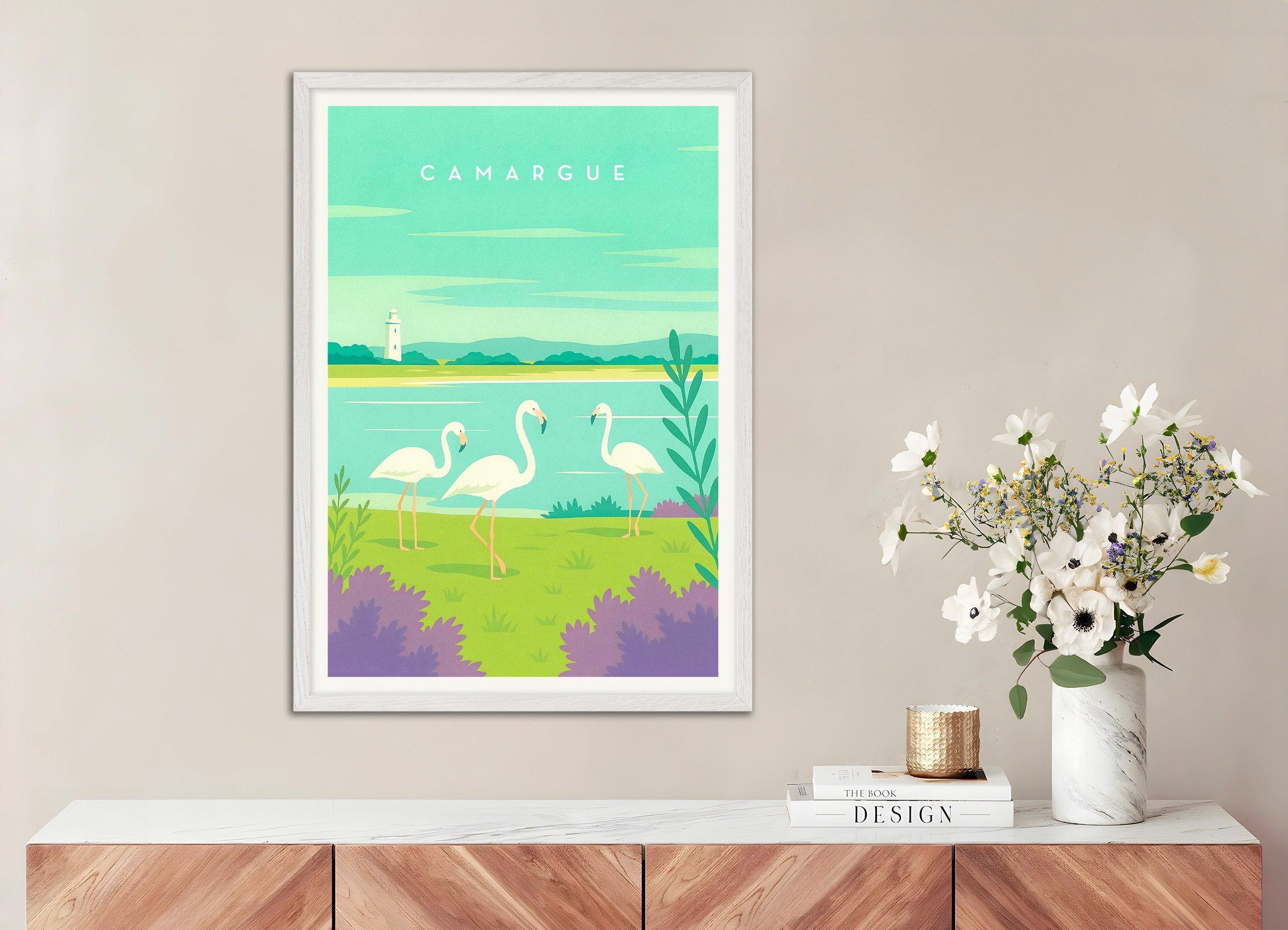 Poster of Camargue Travel Poster - French Wetlands, with white wooden frame