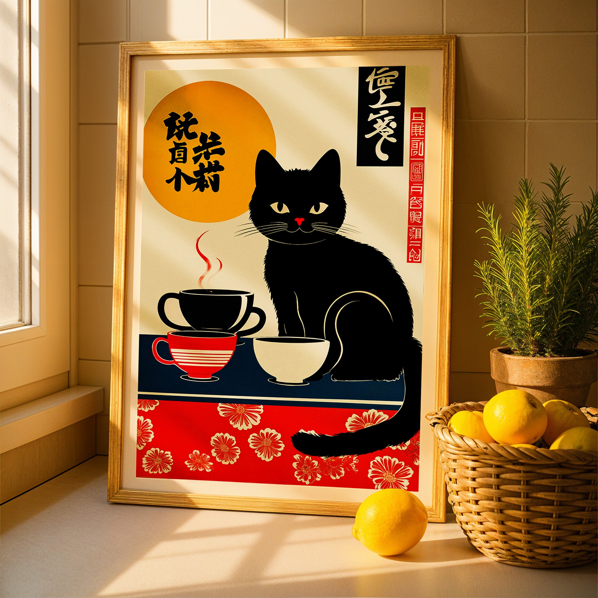 Japanse poster, kat met koffiekopjes