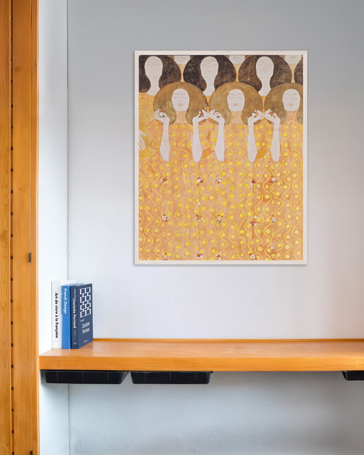Poster Koor van de paradijsengelen, Beethovenfries (1902) van Gustav Klimt met witte houten lijst