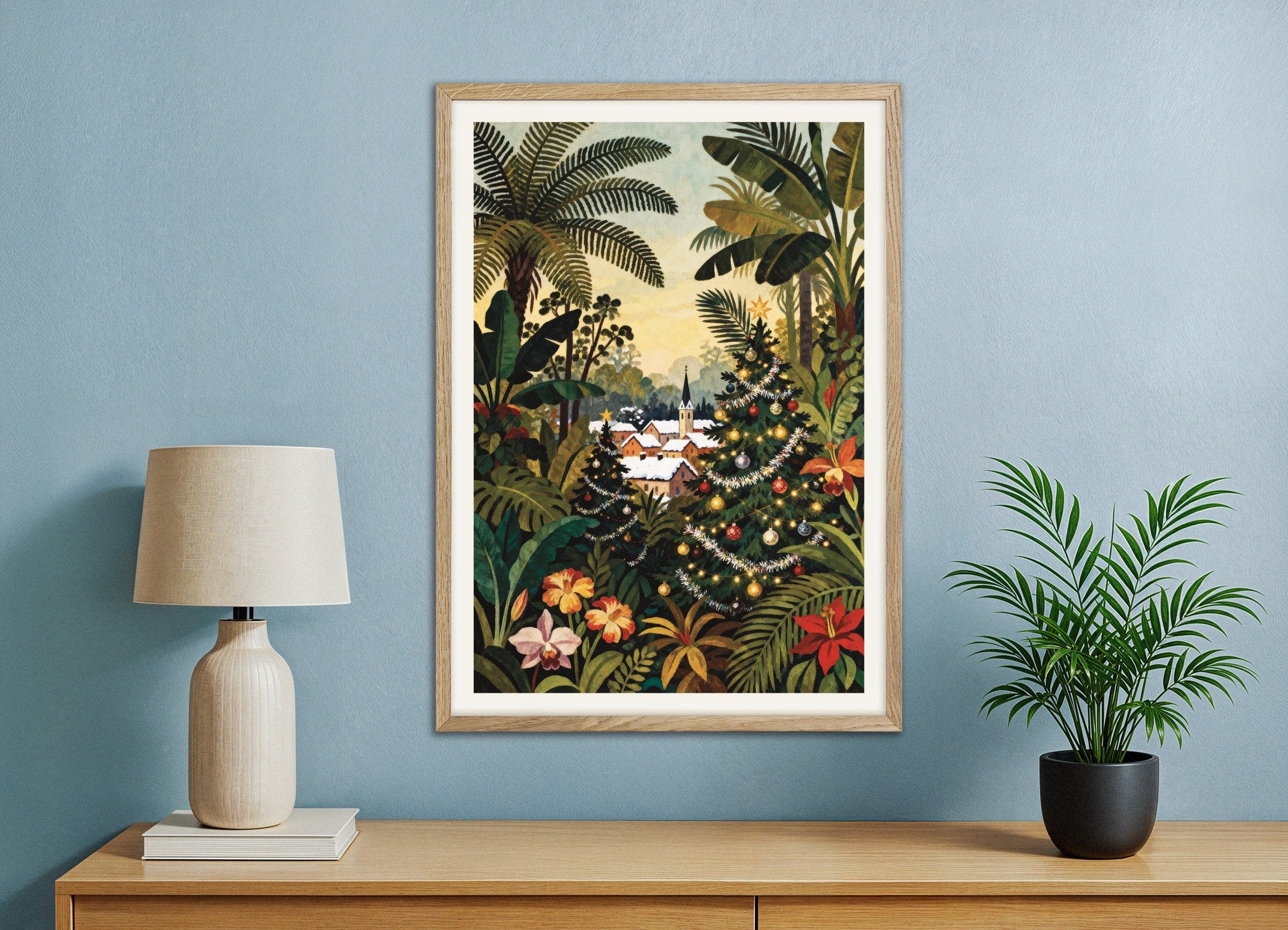 Poster of Christmas village poster, with natural wooden frame