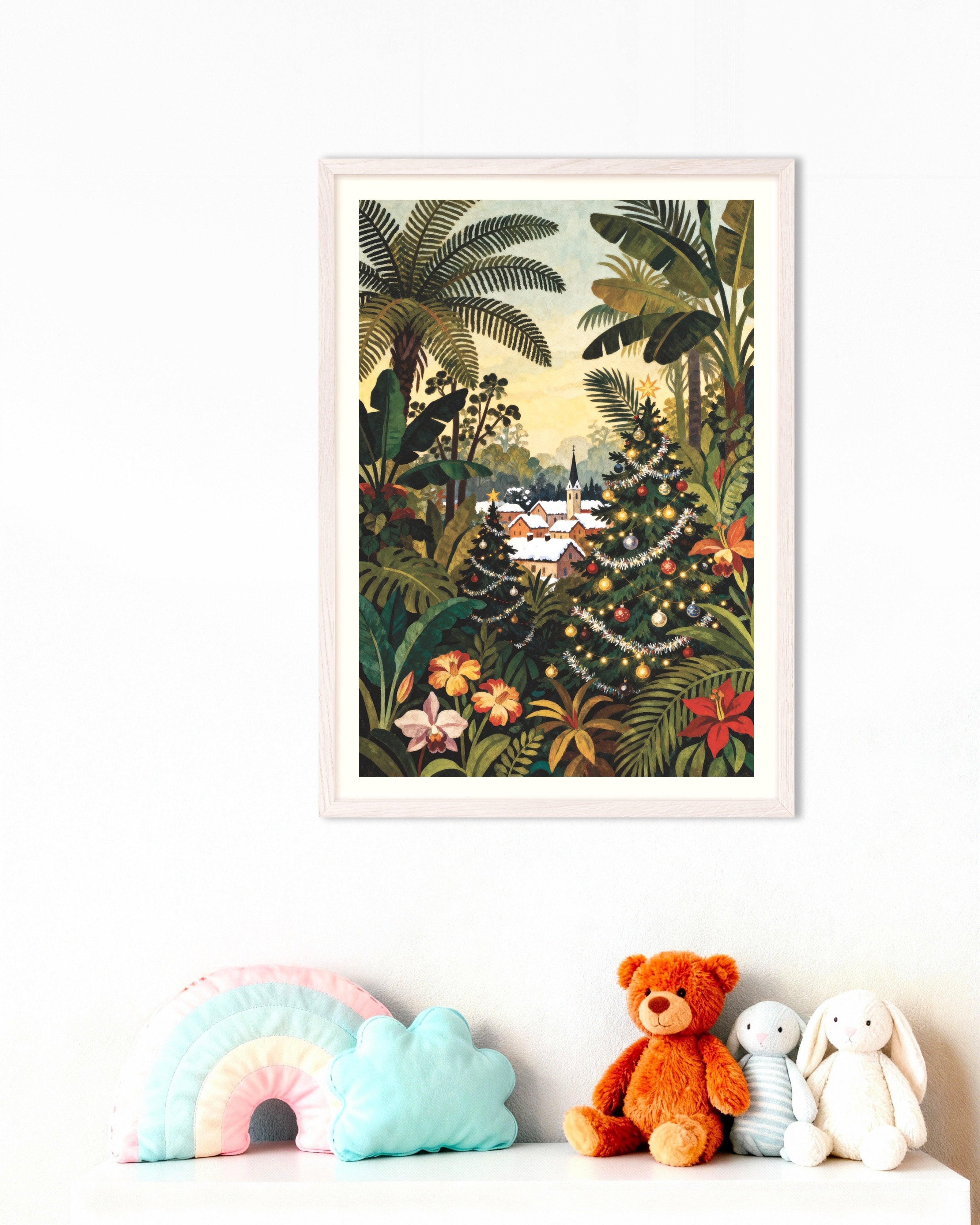 Poster of Christmas village poster, with white wooden frame