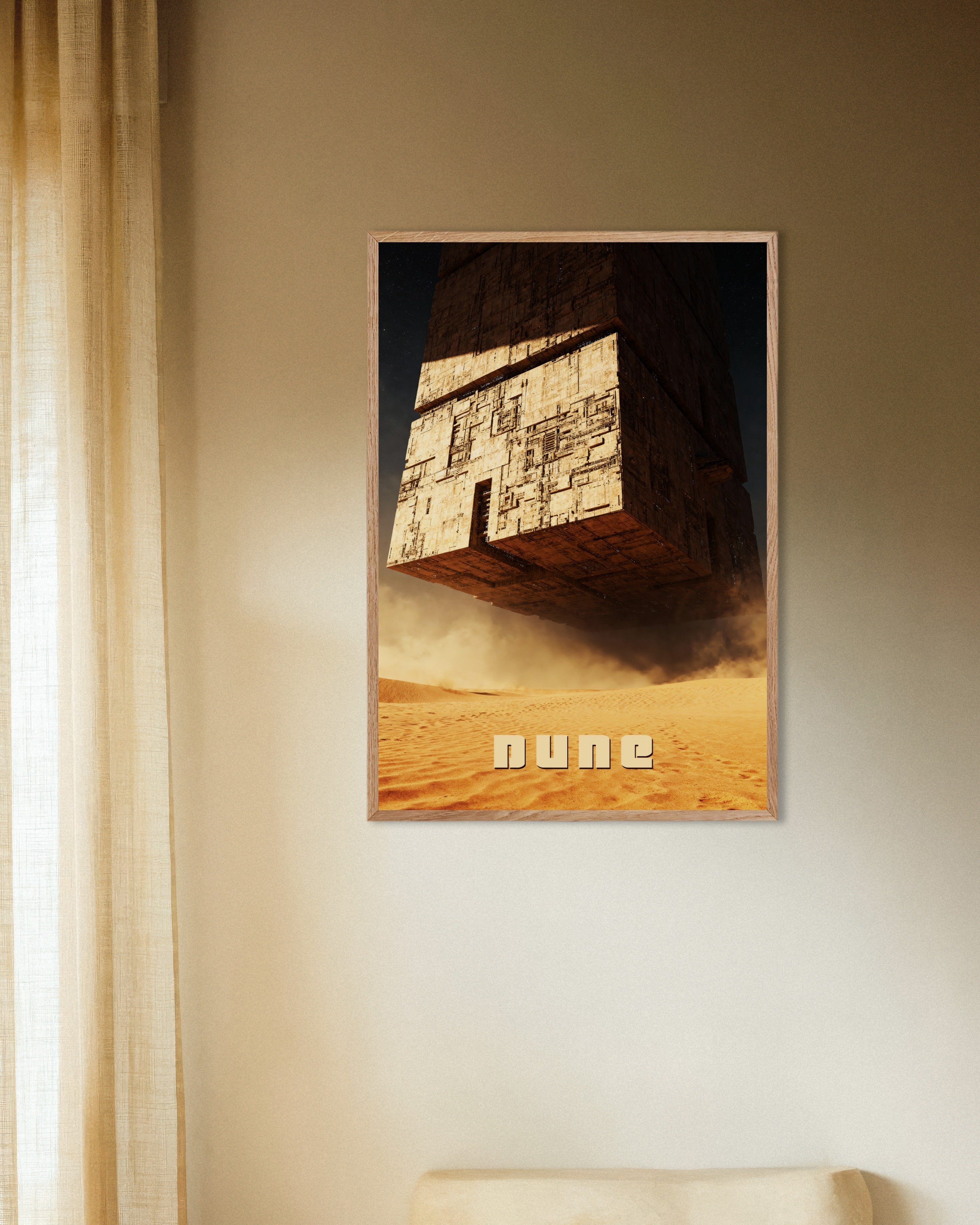 Poster of Colossal Desert Cube, Sci-Fi Megastructure Art Print, with natural wooden frame