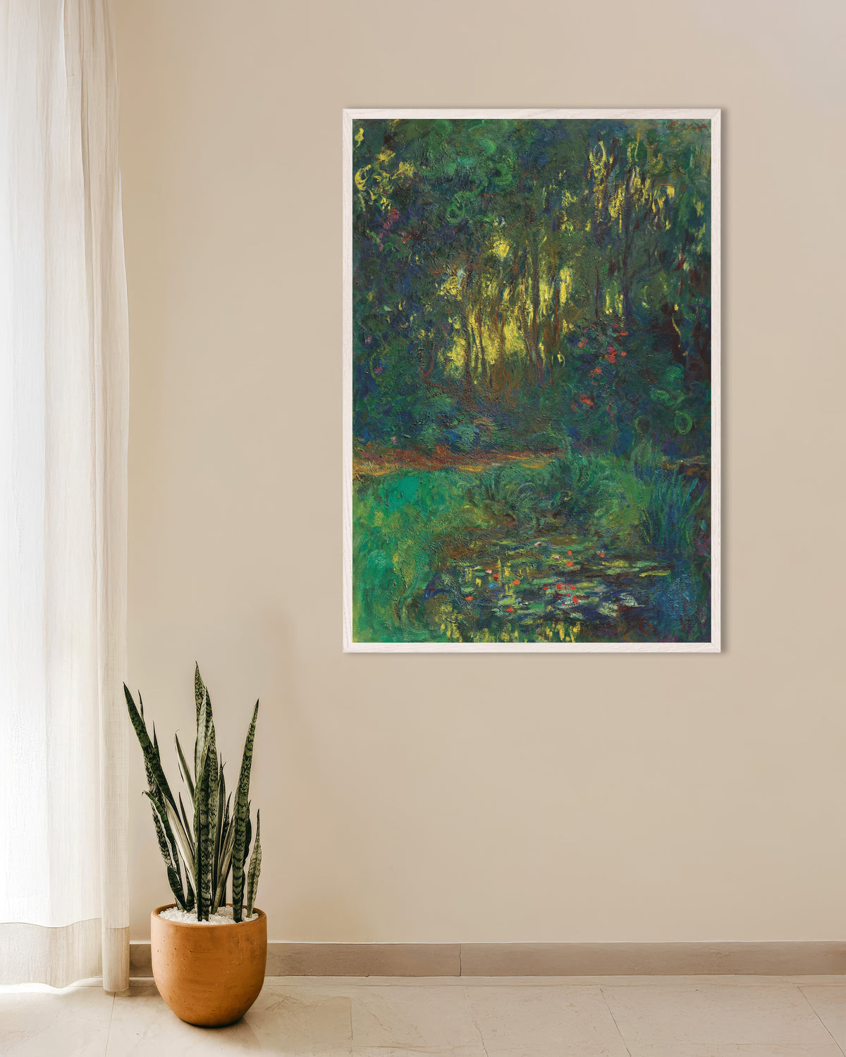 Poster Hoek van de waterlelievijver (1918–1919) van Claude Monet met witte houten lijst