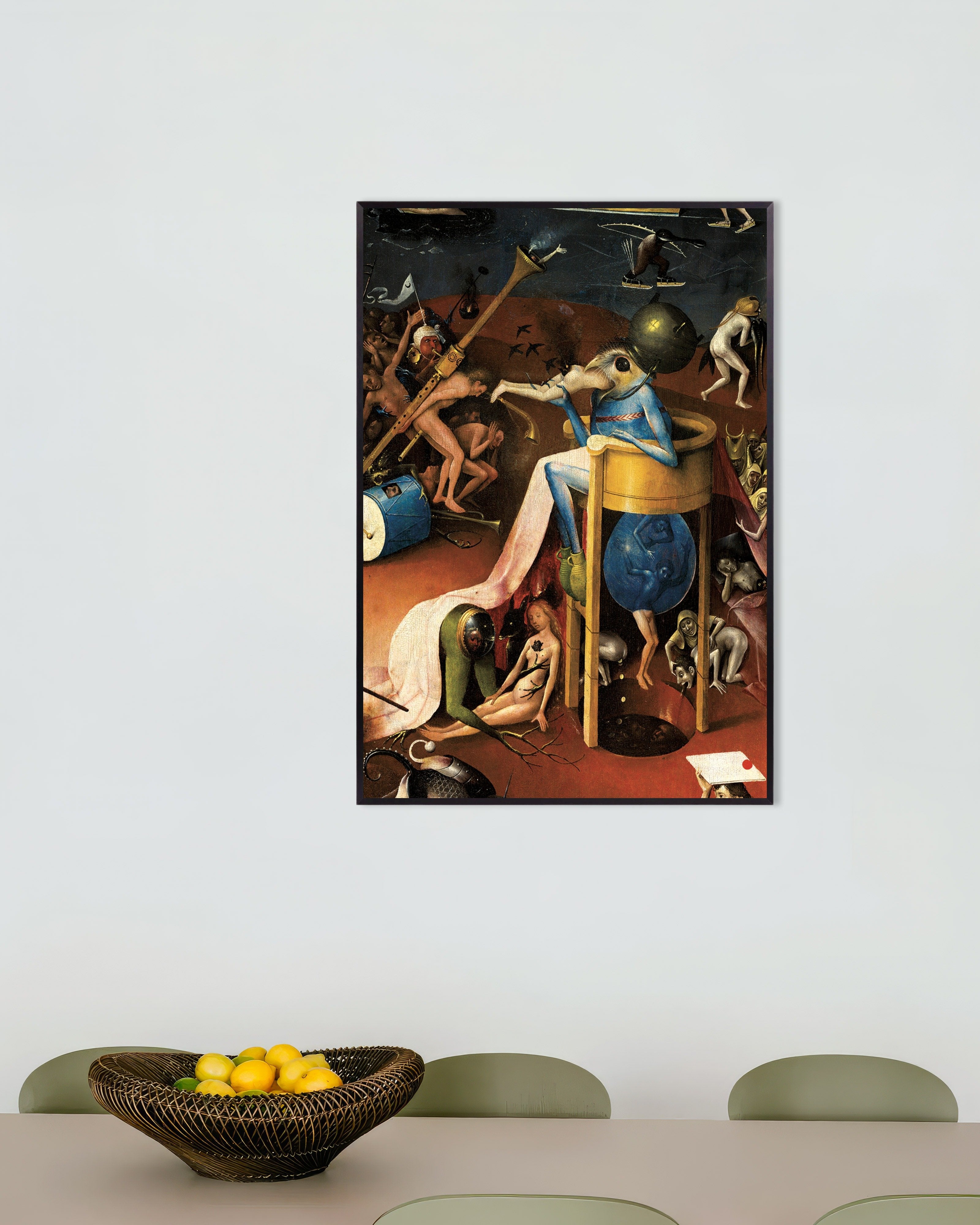 Poster of Detail from The Garden of Earthly Delights: the bird-headed king of hell, with metal frame