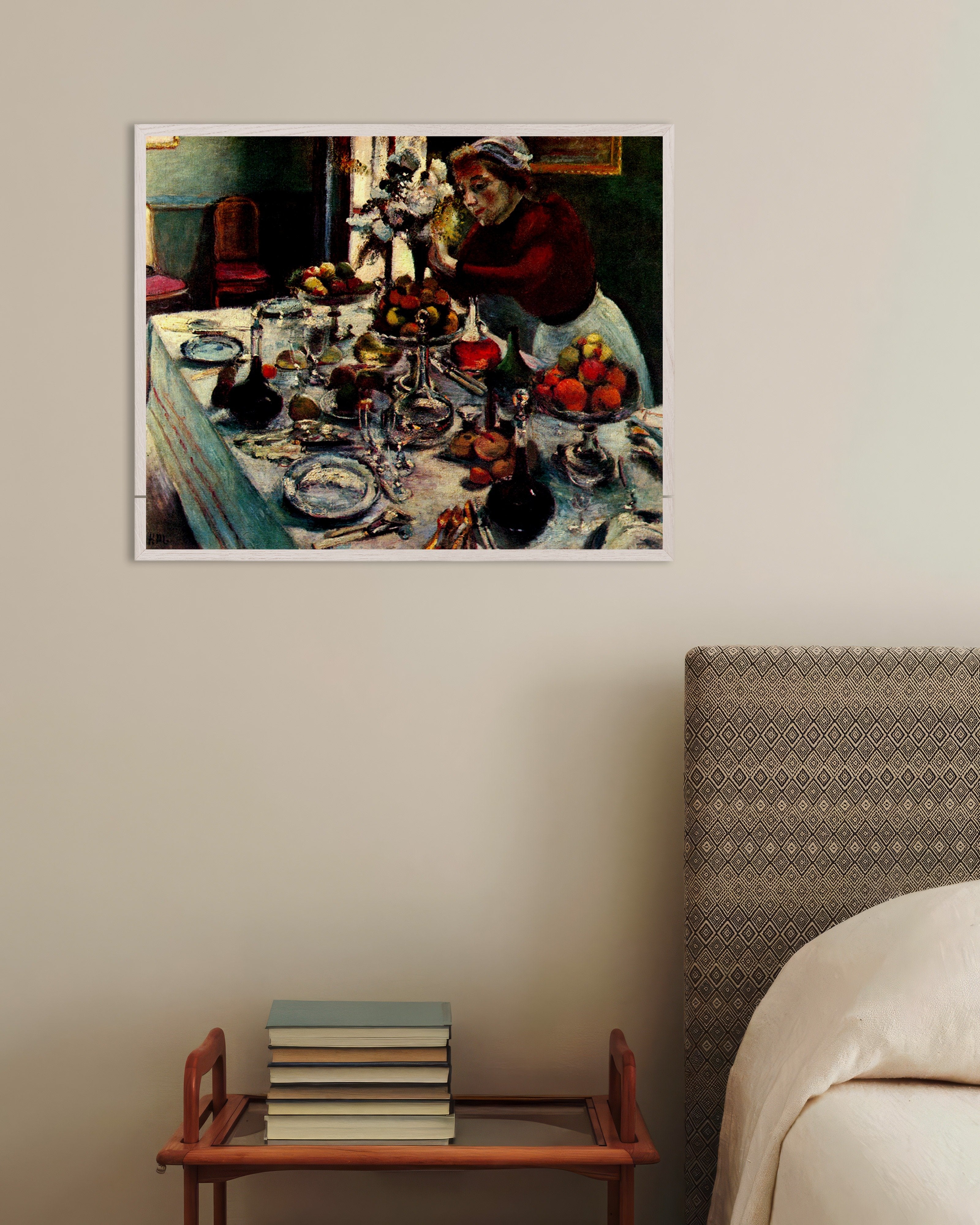 Poster of Dinner table (1897) by Henri Matisse, with white wooden frame