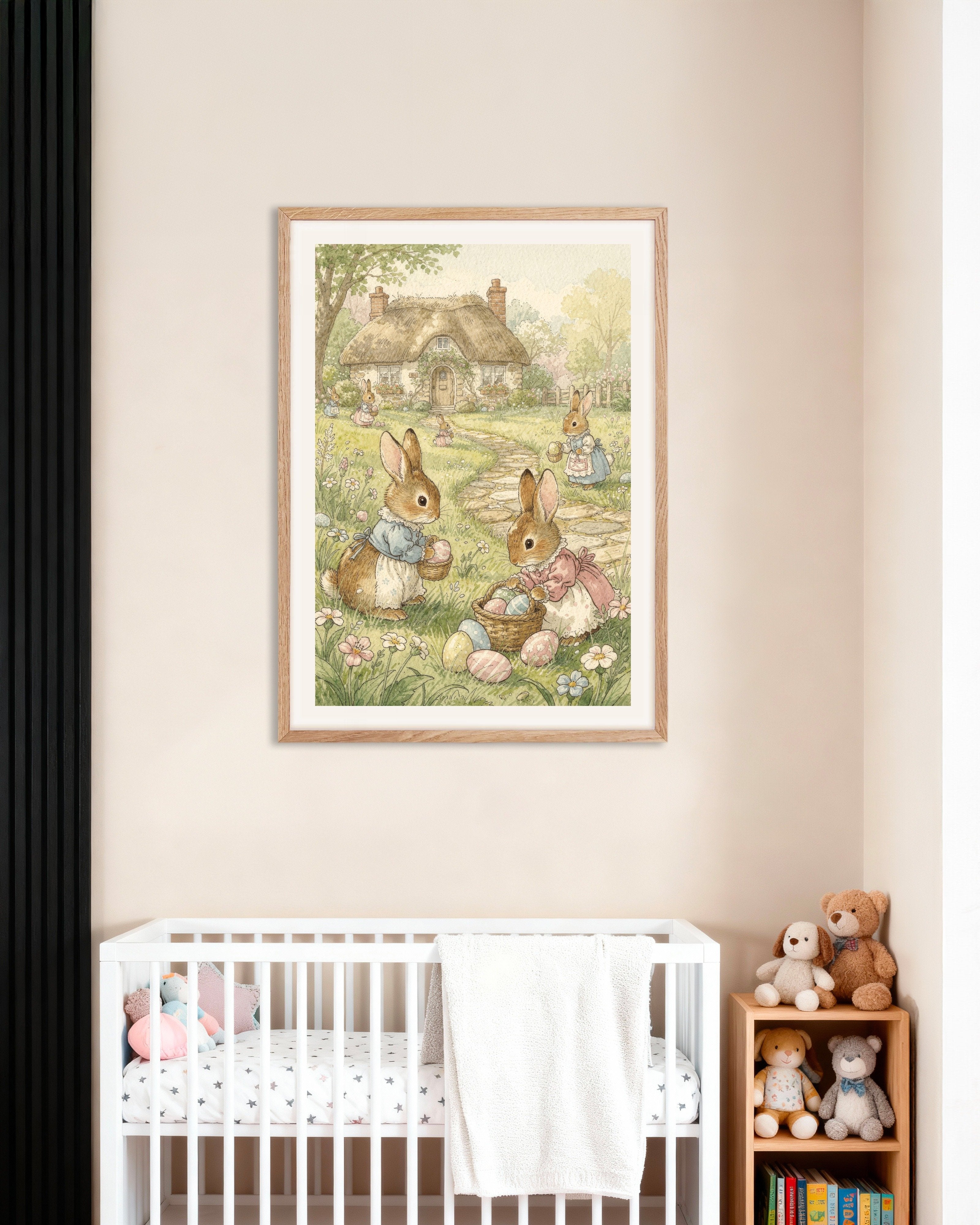 Poster of Easter Bunnies at the Cottage, with natural wooden frame