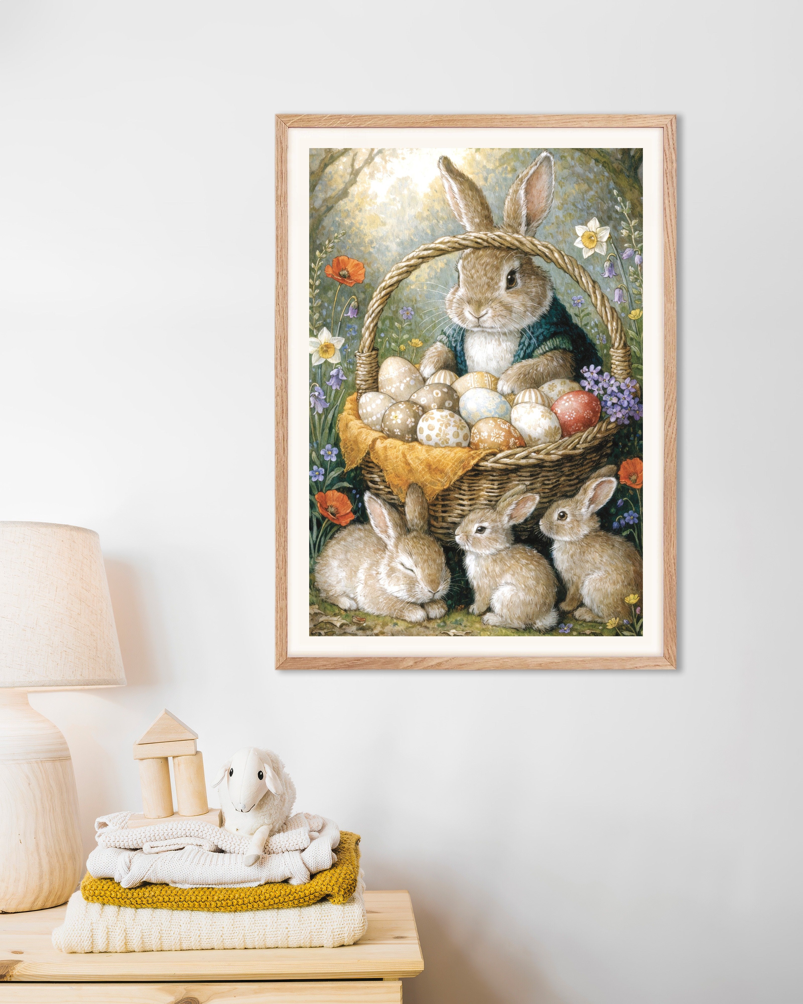 Poster of Easter Bunny Basket with Painted Eggs Poster, with natural wooden frame