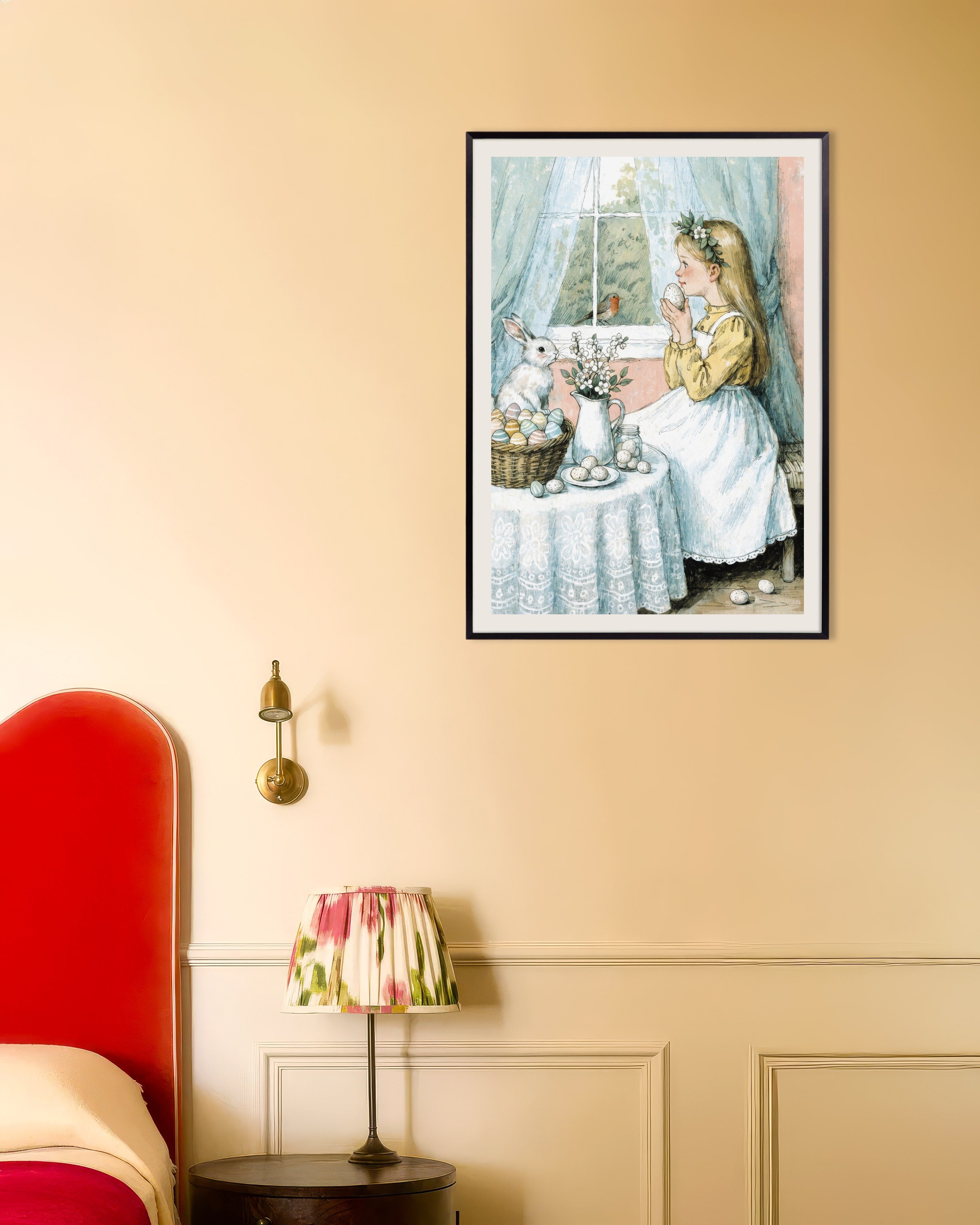 Poster of Easter Morning by the Window: Girl, Bunny and Robin Poster, with metal frame