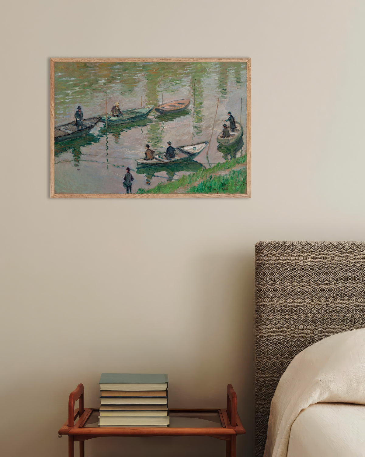 Poster Vissers op de Seine bij Poissy (1882) van Claude Monet met naturel houten lijst