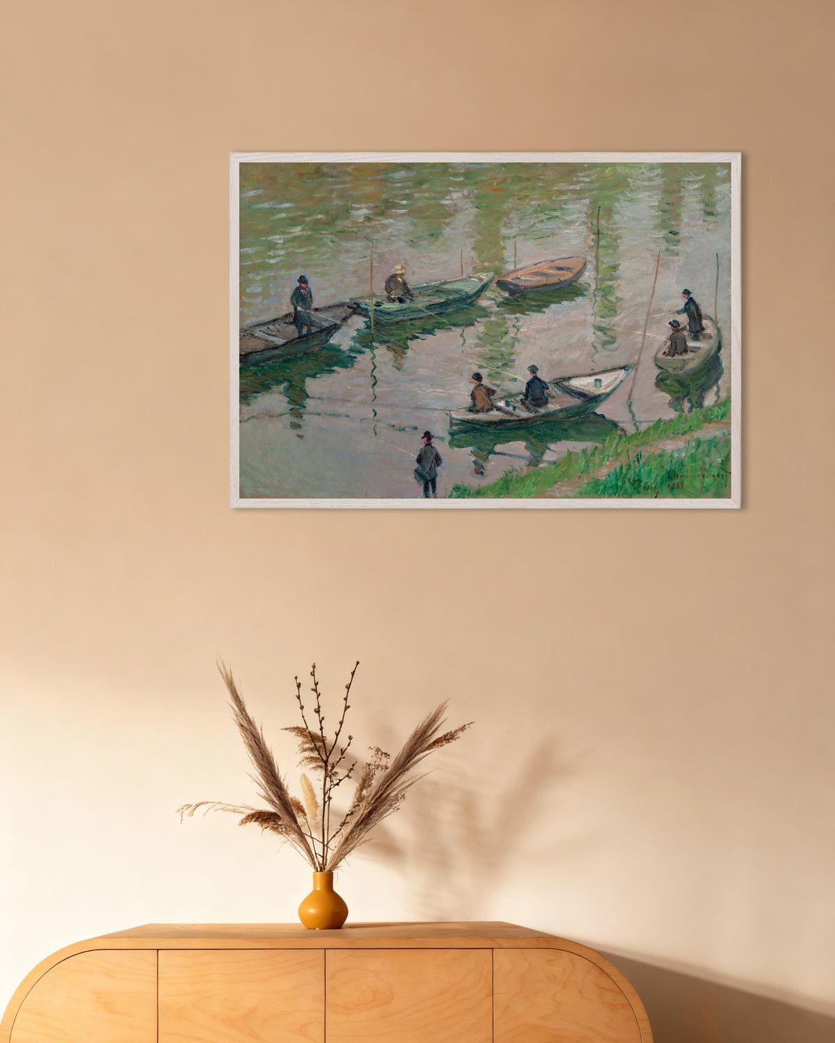 Poster Vissers op de Seine bij Poissy (1882) van Claude Monet met witte houten lijst