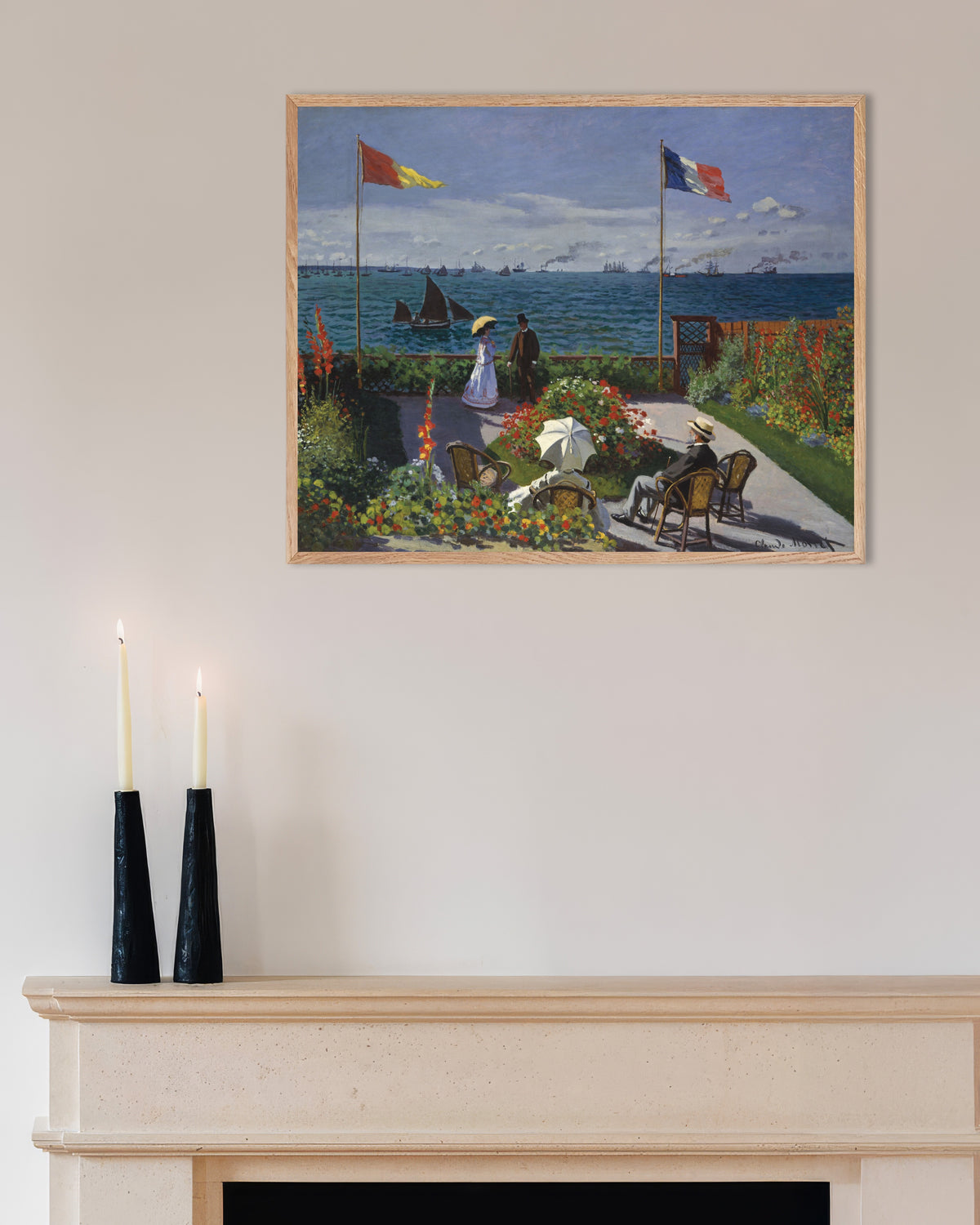 Poster Tuin in Sainte-Adresse (1867) van Claude Monet met naturel houten lijst