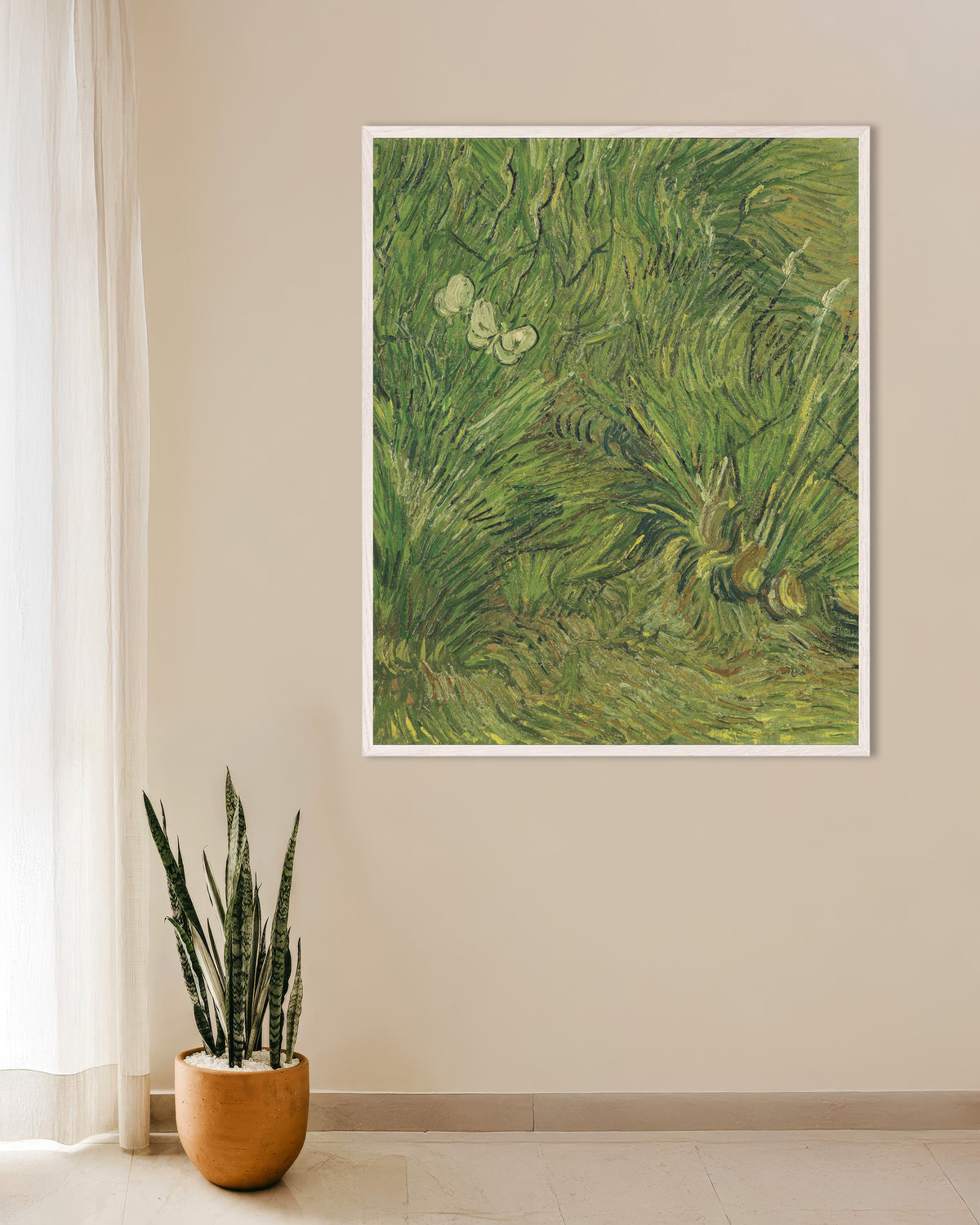 Poster van Tuin met vlinders (1889) van Vincent van Gogh, met witte houten lijst