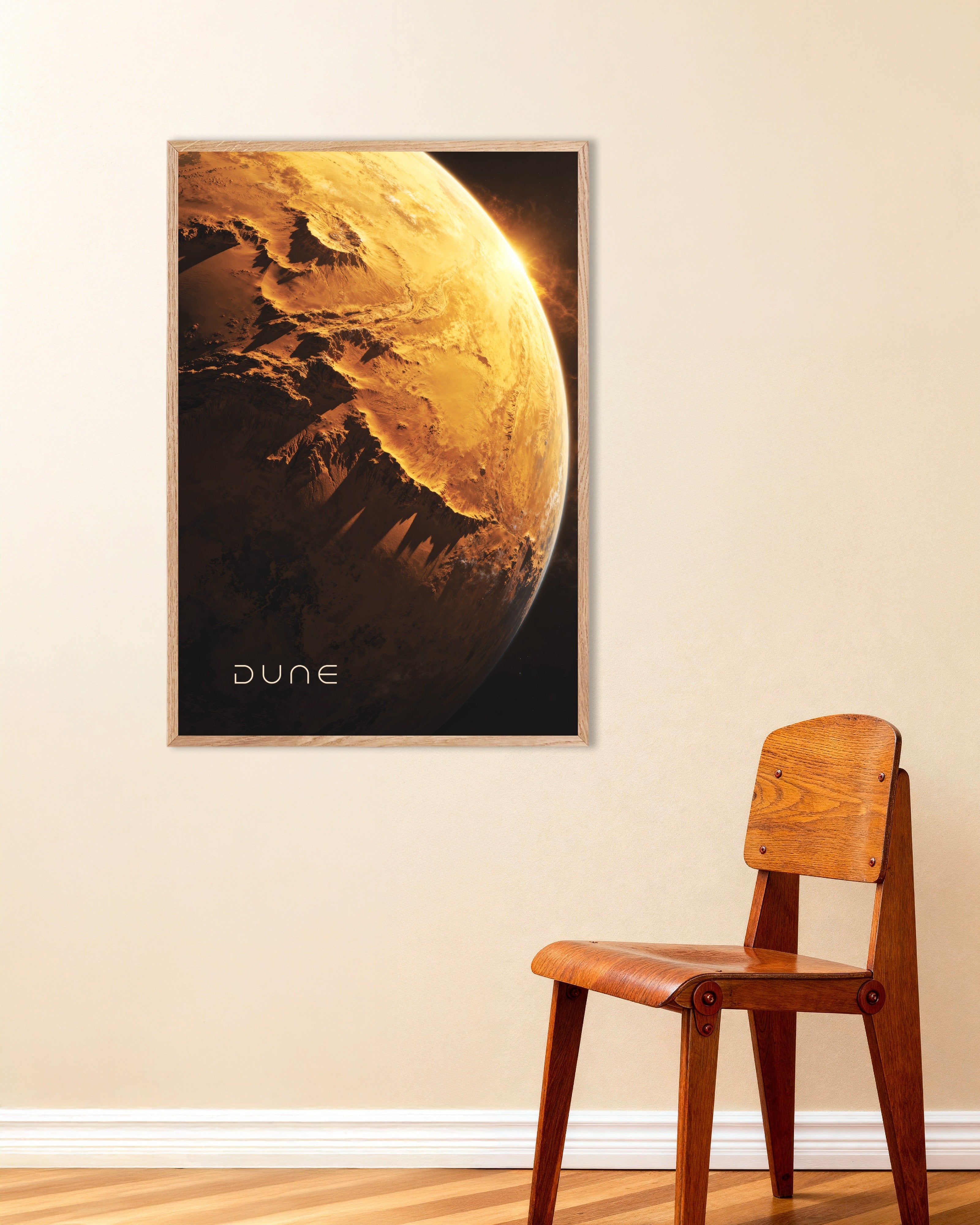 Poster of Golden Planet Poster, Sci-Fi Desert World Art Print, with natural wooden frame