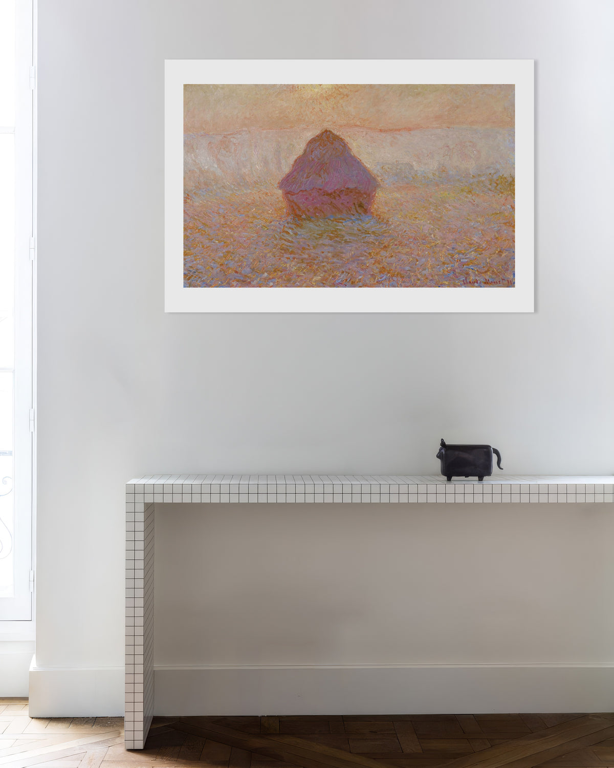 Poster Graanschelf, zon in de nevel (1891) van Claude Monet