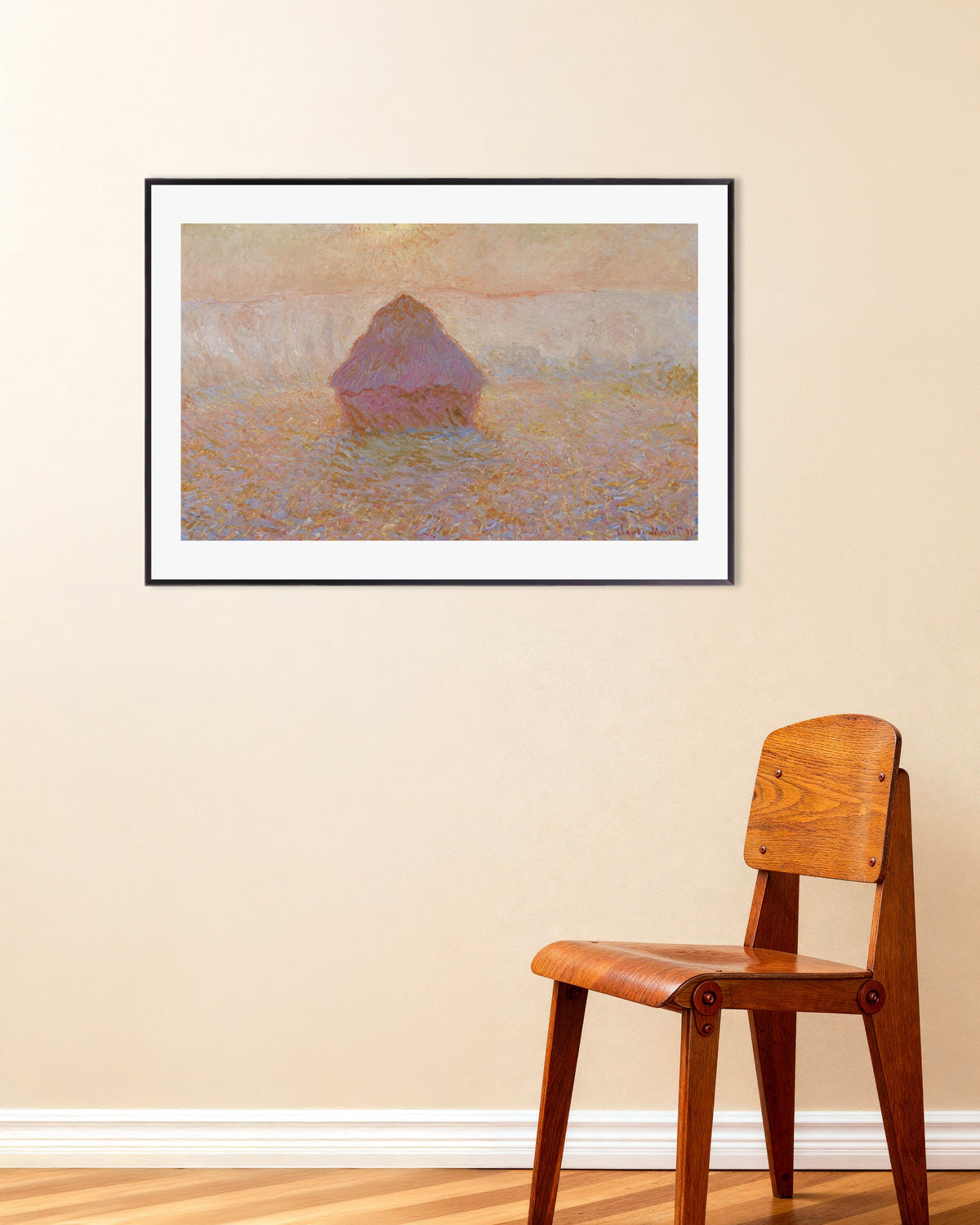 Poster Graanschelf, zon in de nevel (1891) van Claude Monet met metalen lijst