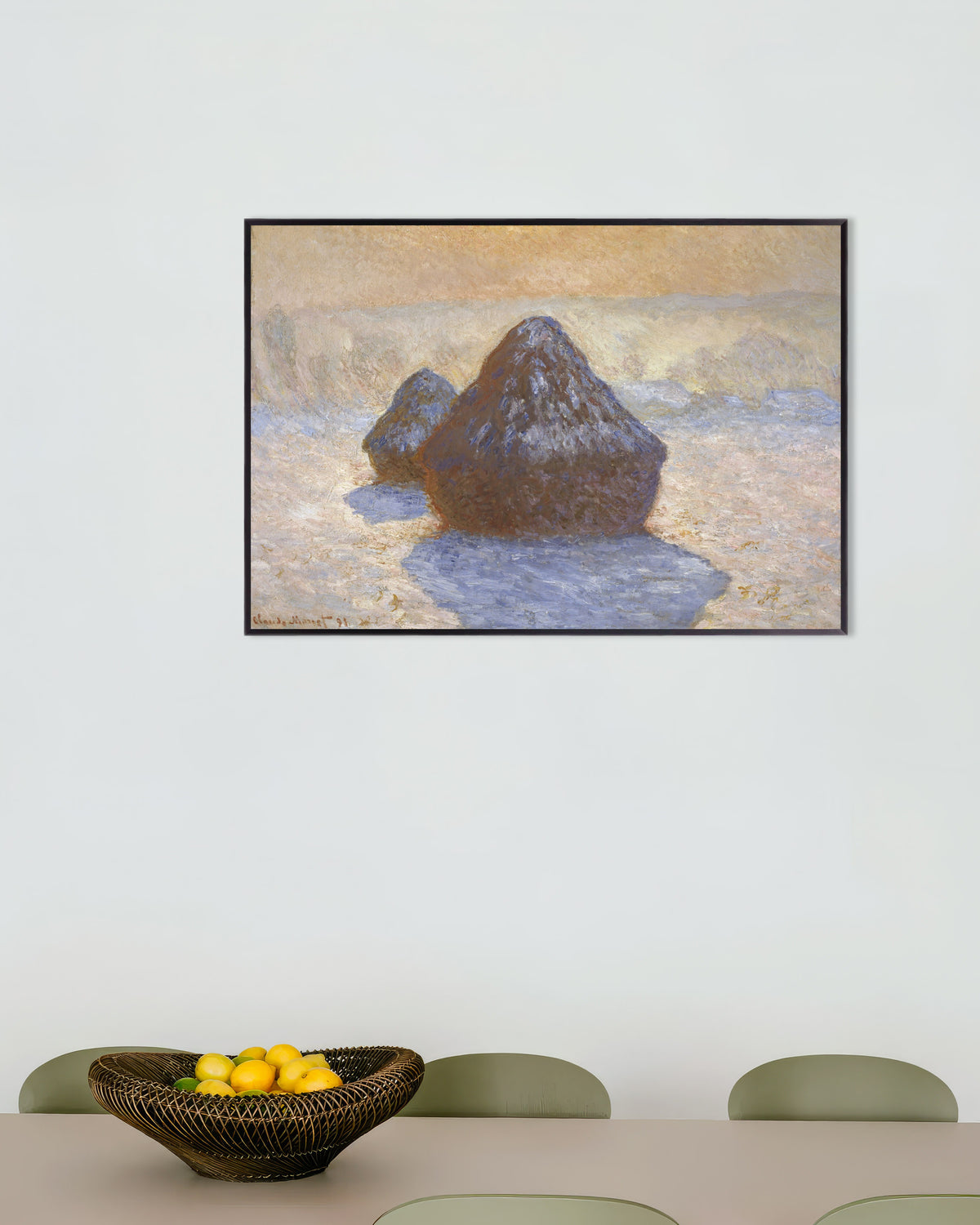Poster Graanschelven, sneeuweffect (1891) van Claude Monet met metalen lijst