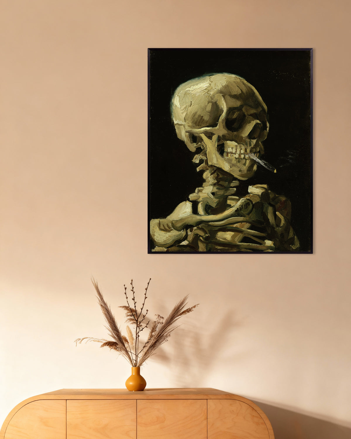 Poster van Kop van een skelet met brandende sigaret (1886) van Vincent van Gogh, met metalen lijst