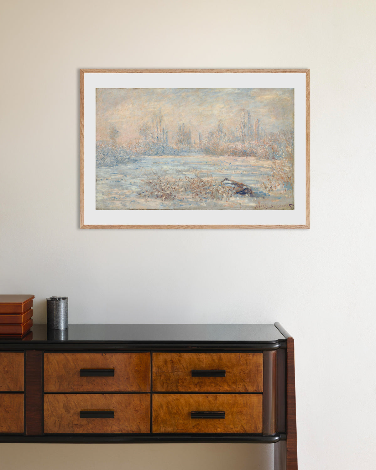 Poster Rijp (1880) van Claude Monet met naturel houten lijst