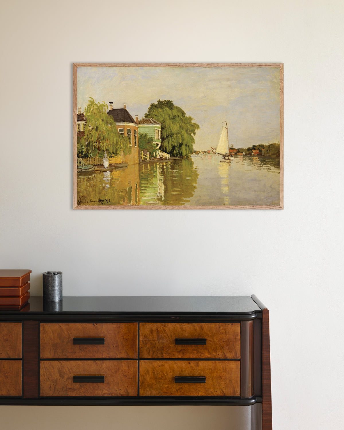 Poster Huizen aan de Achterzaan (1871) van Claude Monet met naturel houten lijst