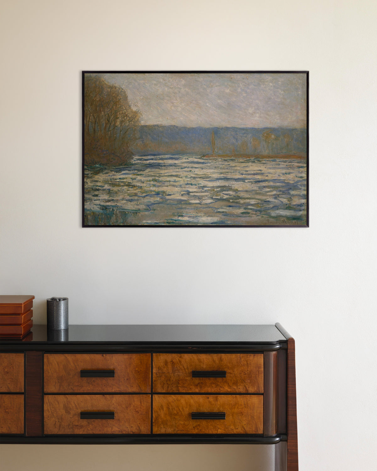Poster Kruiend ijs op de Seine bij Bennecourt (1893) van Claude Monet met metalen lijst