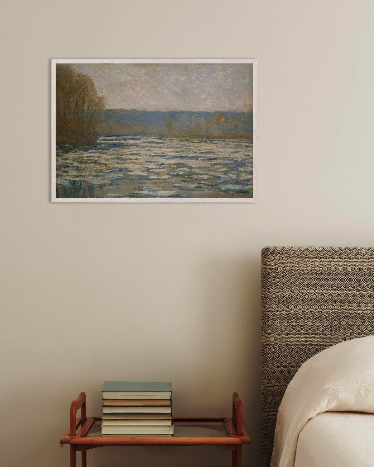 Poster Kruiend ijs op de Seine bij Bennecourt (1893) van Claude Monet met witte houten lijst