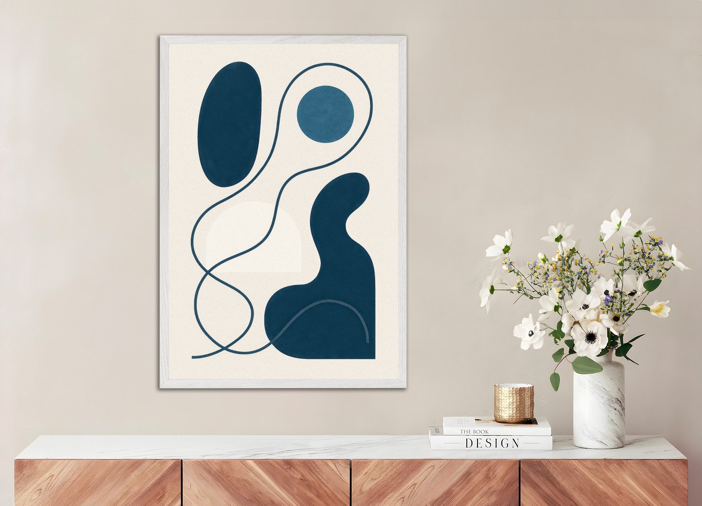 Poster of Inflections 01 – modern abstract line art in blue, with white wooden frame