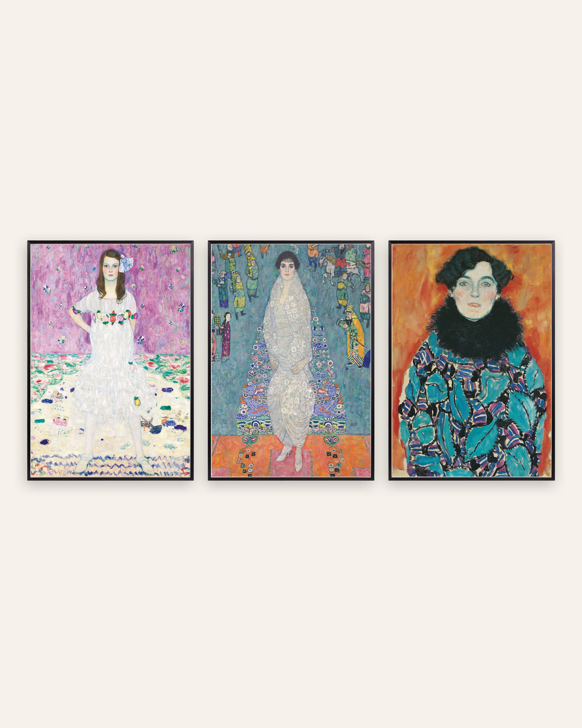 Klimt posters, set van 3 portretten: Mäda Primavesi, Elisabeth Lederer en Johanna Staude, in zwarte metalen lijsten