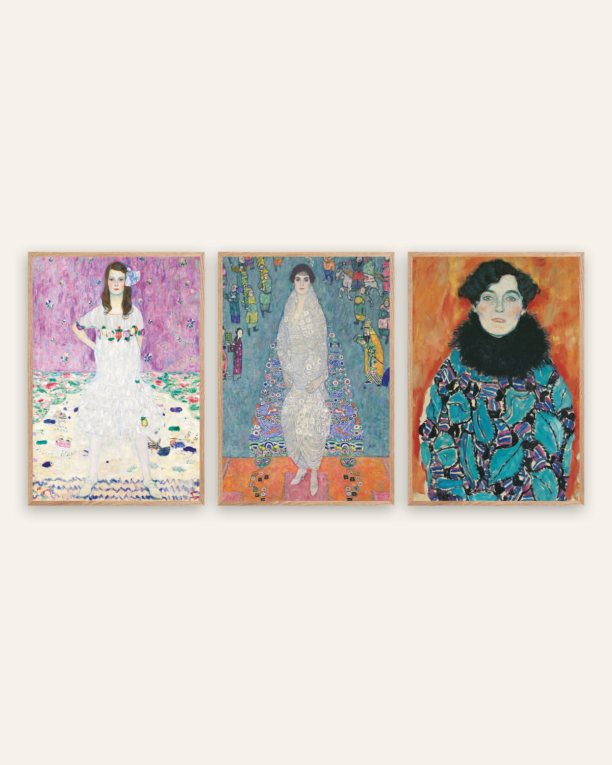 Klimt posters, set van 3 portretten: Mäda Primavesi, Elisabeth Lederer en Johanna Staude, in naturel eikenhouten lijsten