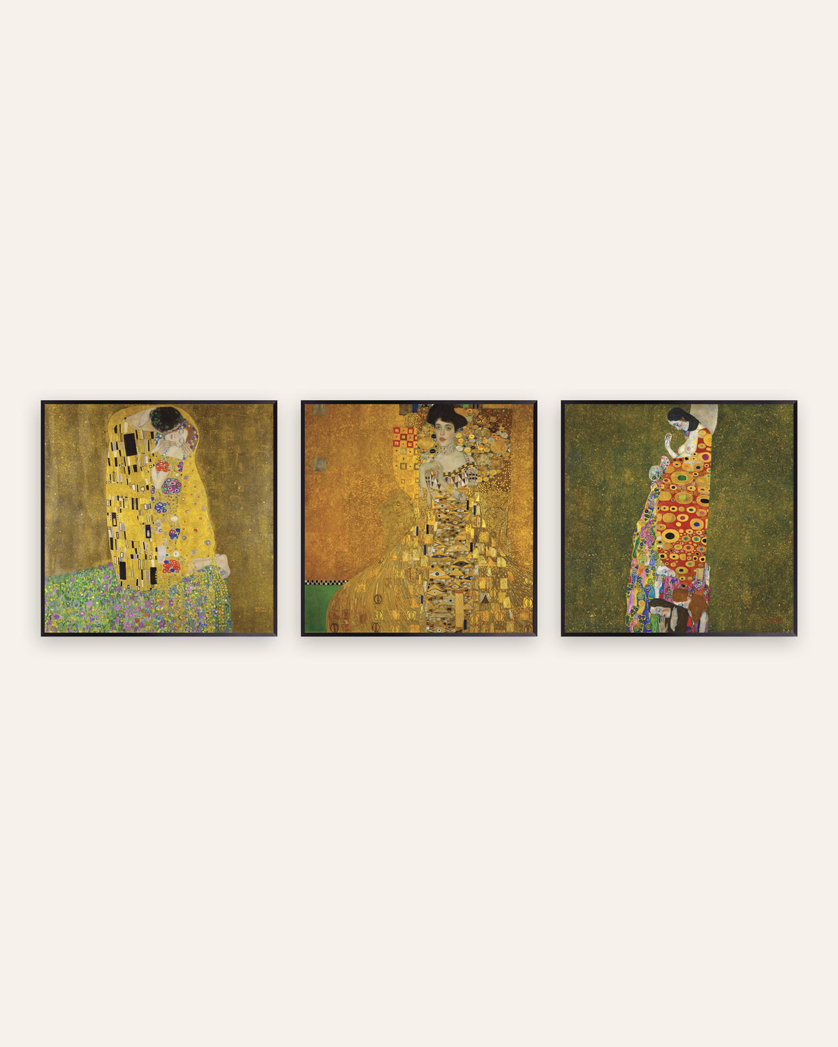 Klimt posters, set van 3: De kus, Adele Bloch-Bauer I en De hoop II, in zwarte metalen lijsten