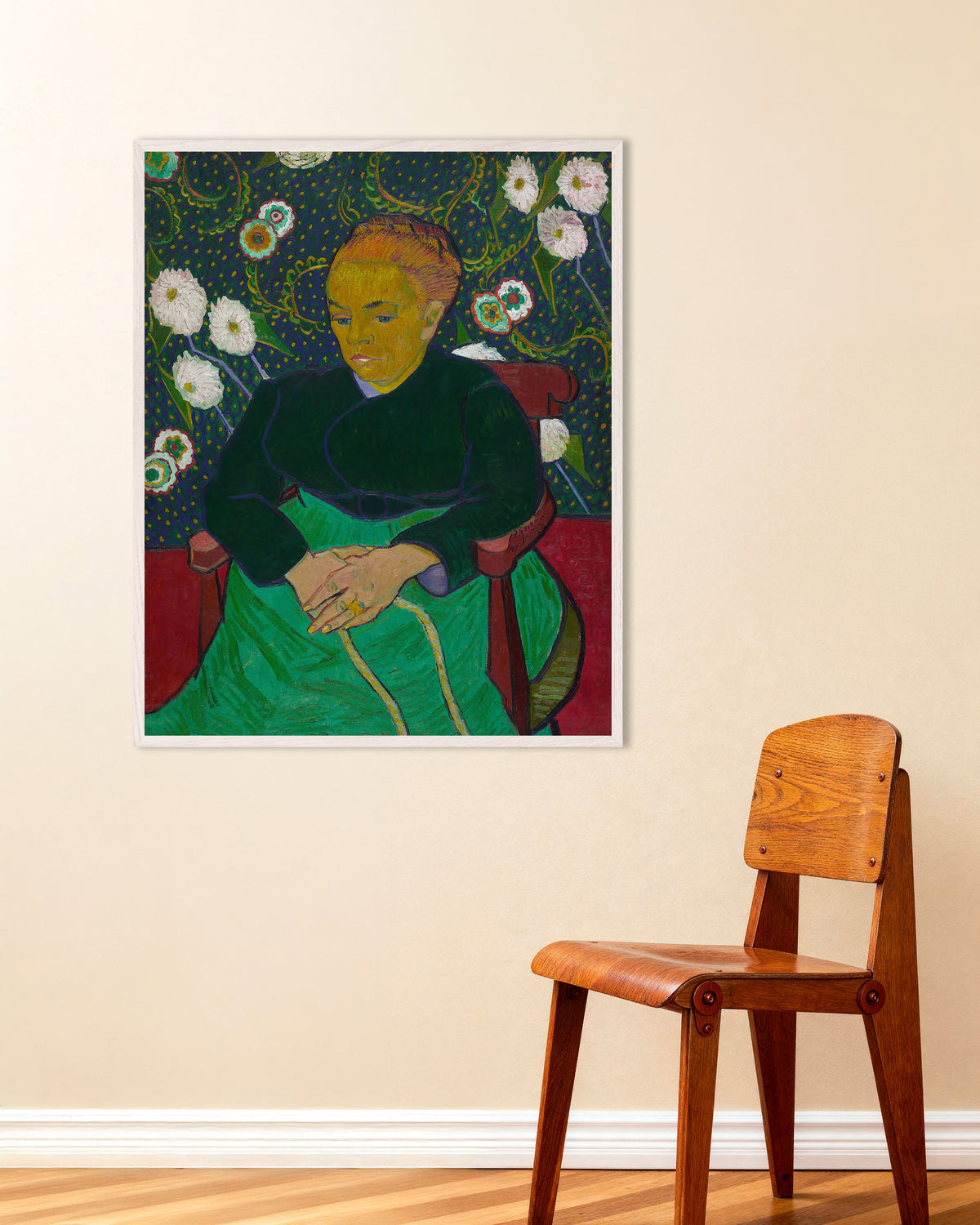 Poster van La Berceuse, Madame Roulin wiegt die Wiege (1889), Vincent van Gogh, met witte houten lijst